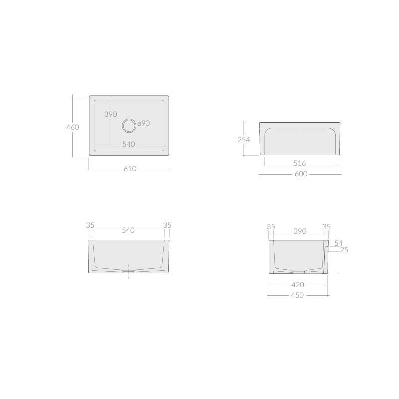 Vasca Lavello cucina 61x46 in ceramica NERO Lucido collezione Frame di Ceramica Galassia