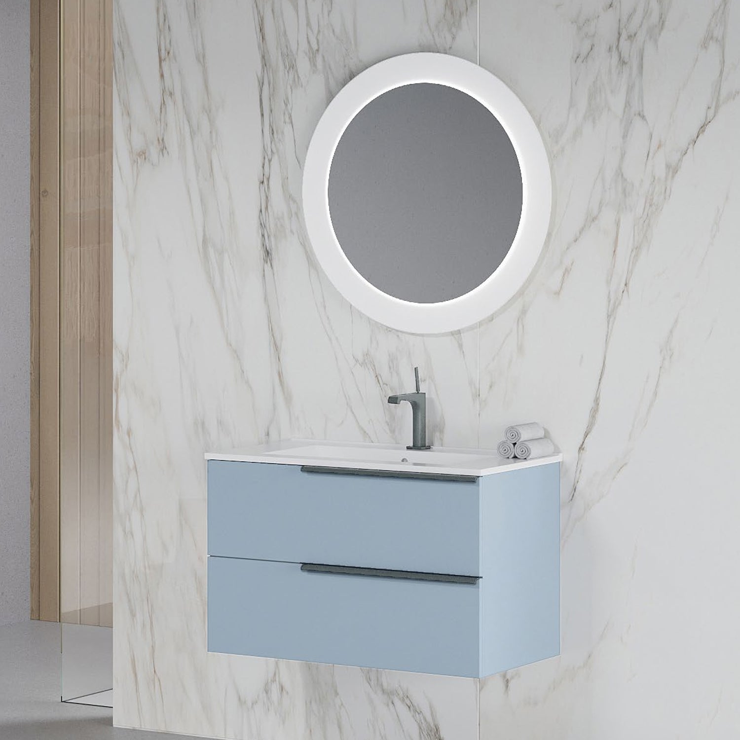 Mobile bagno con lavabo in ceramica e specchio led cm 80 colore Blu pastello opaco- Cubi&Co Symmetry Urban 1 by CeramicStore | Lo specialista del tuo bagno