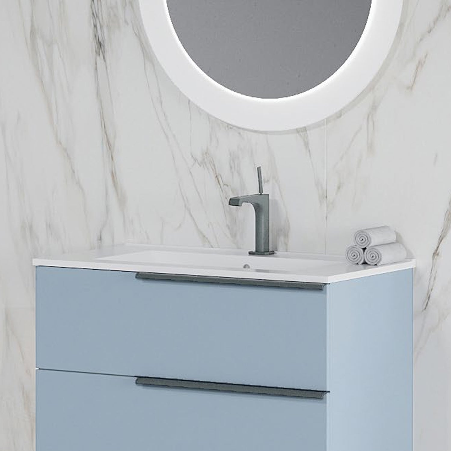 Mobile bagno con lavabo in ceramica e specchio led cm 80 colore Blu pastello opaco- Cubi&Co Symmetry Urban 1 by CeramicStore | Lo specialista del tuo bagno