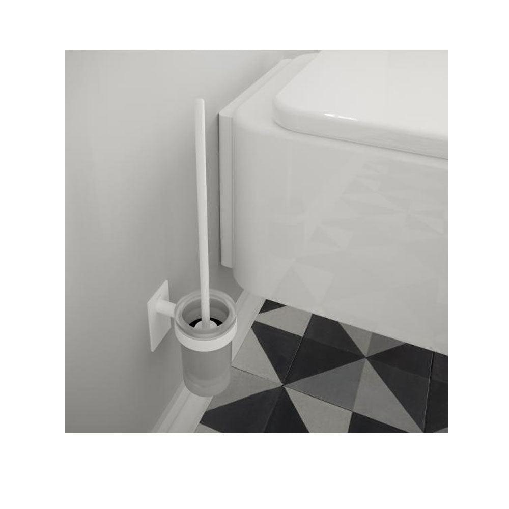 Porta scopino da incollo della collezione 'Stick' by Cosmic in ottone verniciato bianco e vetro satinato by CeramicStore | Lo specialista del tuo bagno