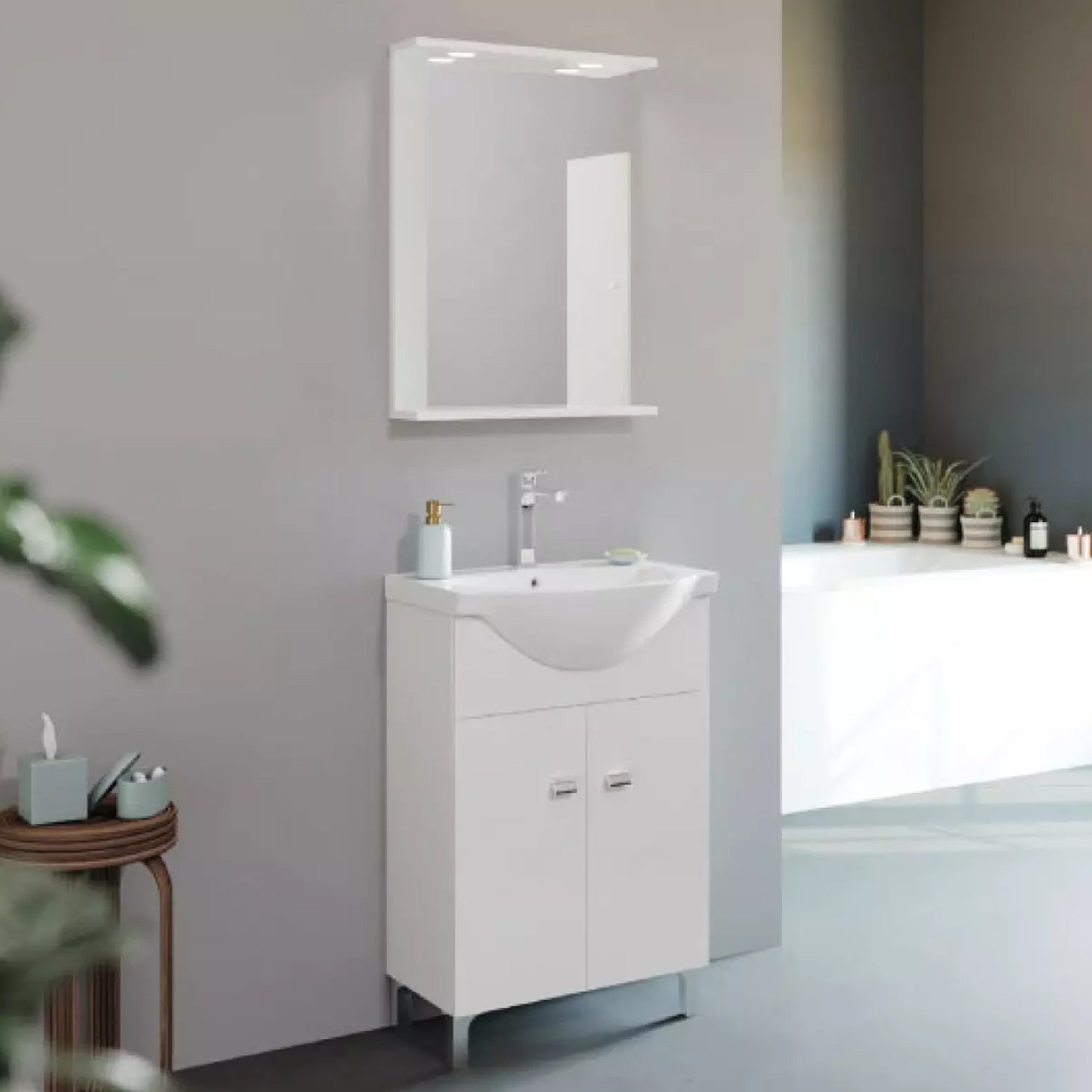 Mobile bagno a terra con specchiera e lavabo integrato Cubi&Co modello Savio 65 cm - Bianco Lucido by CeramicStore | Lo specialista del tuo bagno