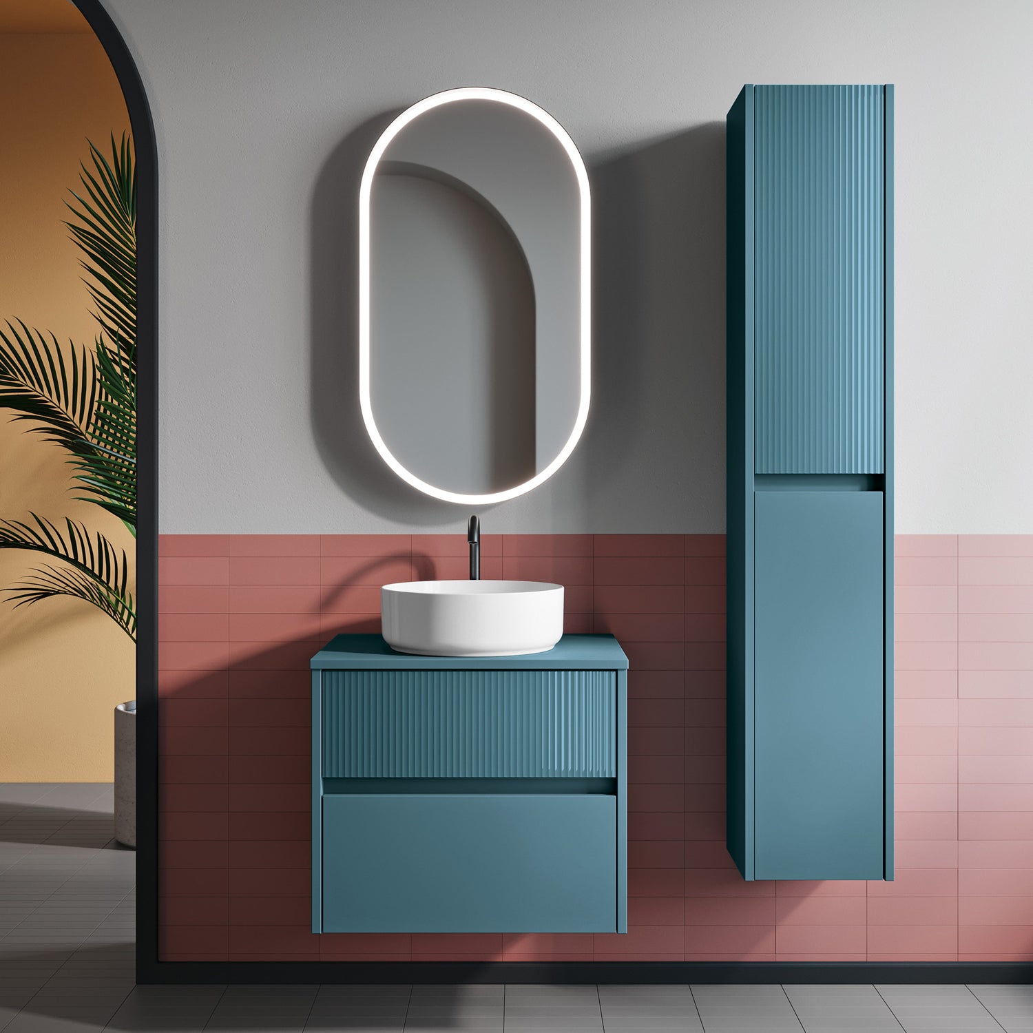 Composizione bagno sospesa Niwa01 di Falegnameria Adriatica con lavabo, specchio e colonna - Blu Pacifico by CeramicStore | Lo specialista del tuo bagno