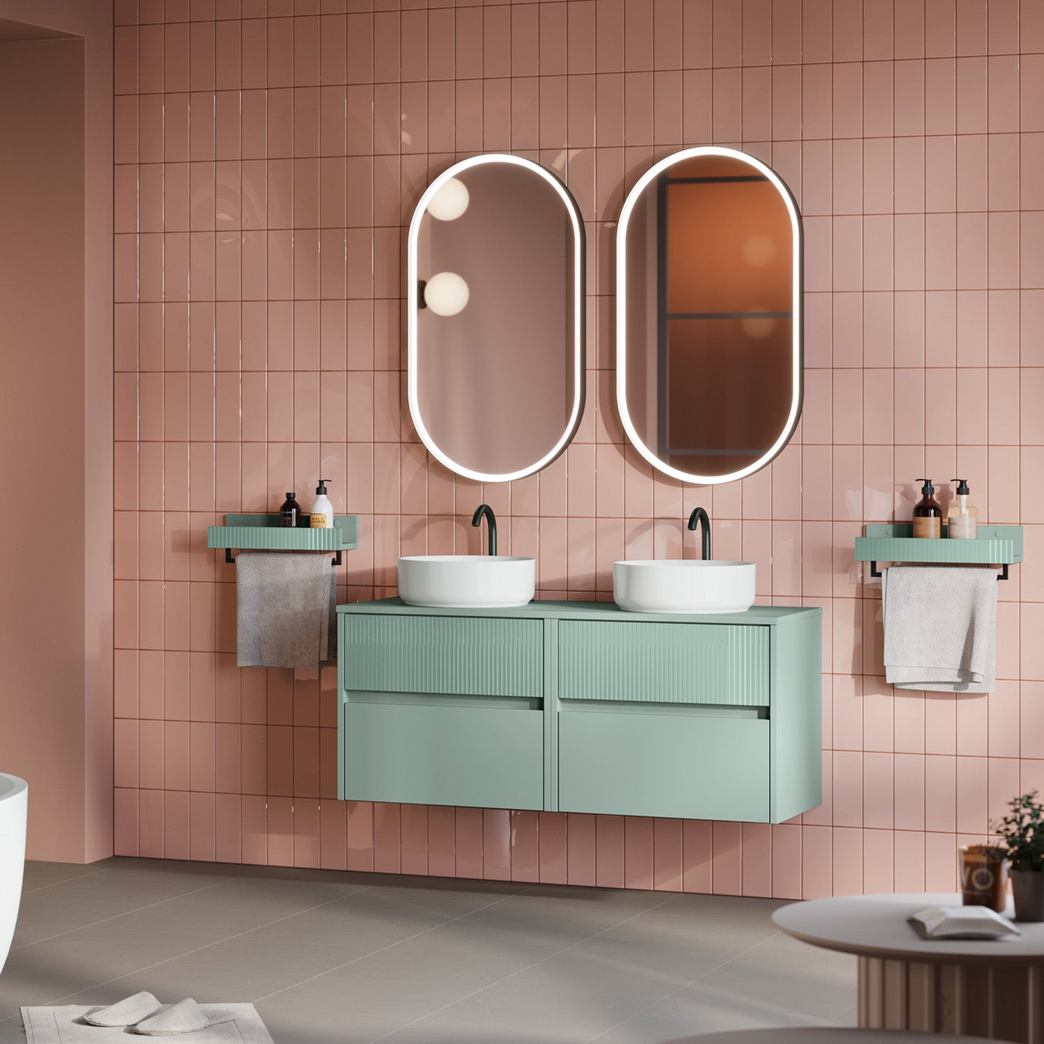 Composizione bagno sospesa Niwa09 di Falegnameria Adriatica con 2 basi portalavabo, 2 lavabi, 2 specchi e 2 mensole - Verde Timo by CeramicStore | Lo specialista del tuo bagno