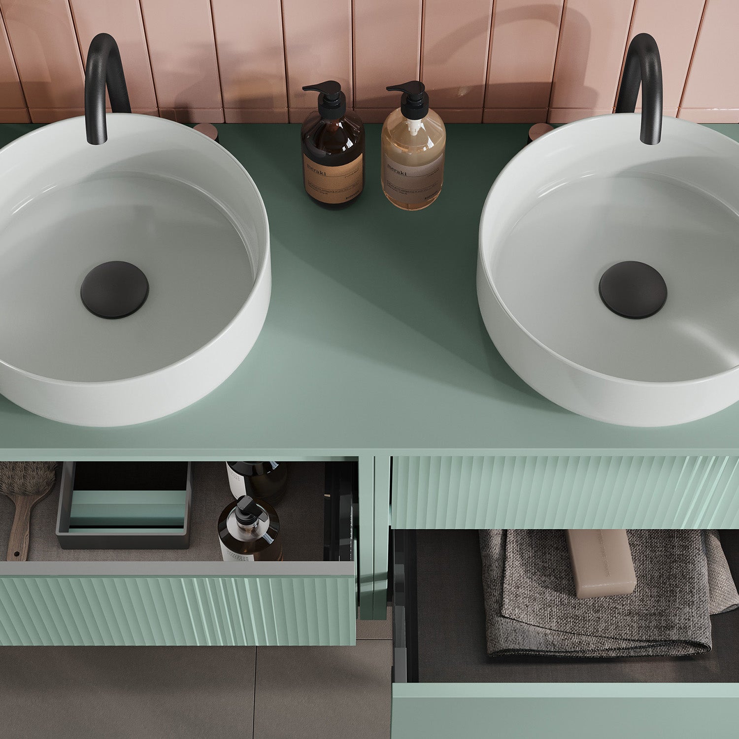 Composizione bagno sospesa Niwa09 di Falegnameria Adriatica con 2 basi portalavabo, 2 lavabi, 2 specchi e 2 mensole - Verde Timo by CeramicStore | Lo specialista del tuo bagno