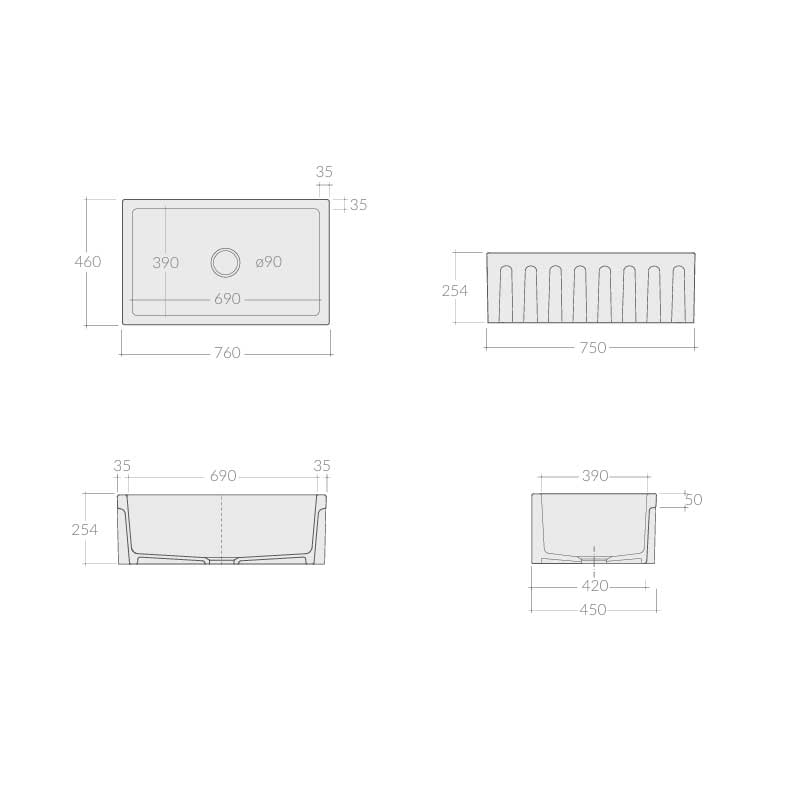 Vasca Lavello cucina 76x46 in ceramica Nero Opaco collezione Fluted di Ceramica Galassia con Frontale Scanalato