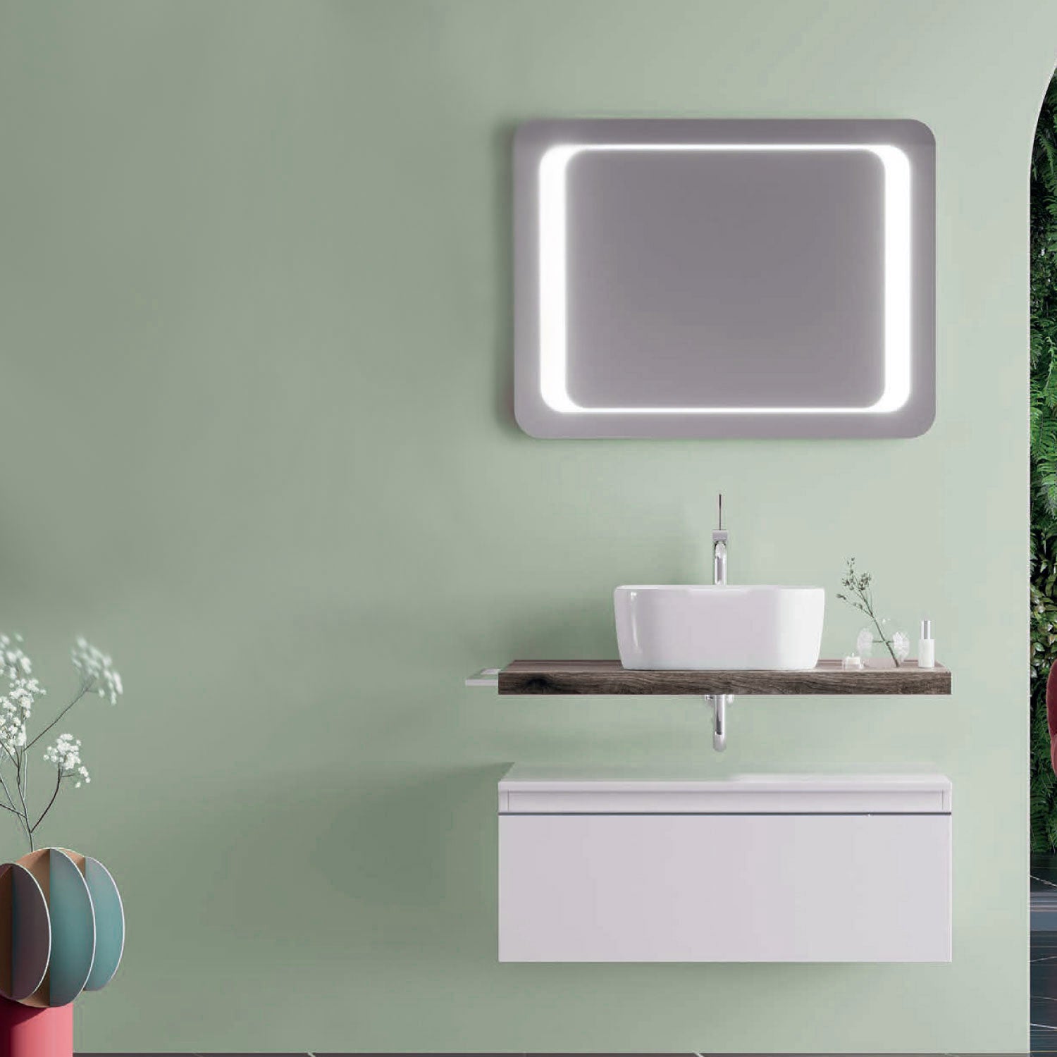 Mobile bagno con lavabo d'appoggio in ceramica e specchio led cm 80 rovere fossile e bianco opaco- Cubi&Co modello Destiny 2 by CeramicStore | Lo specialista del tuo bagno