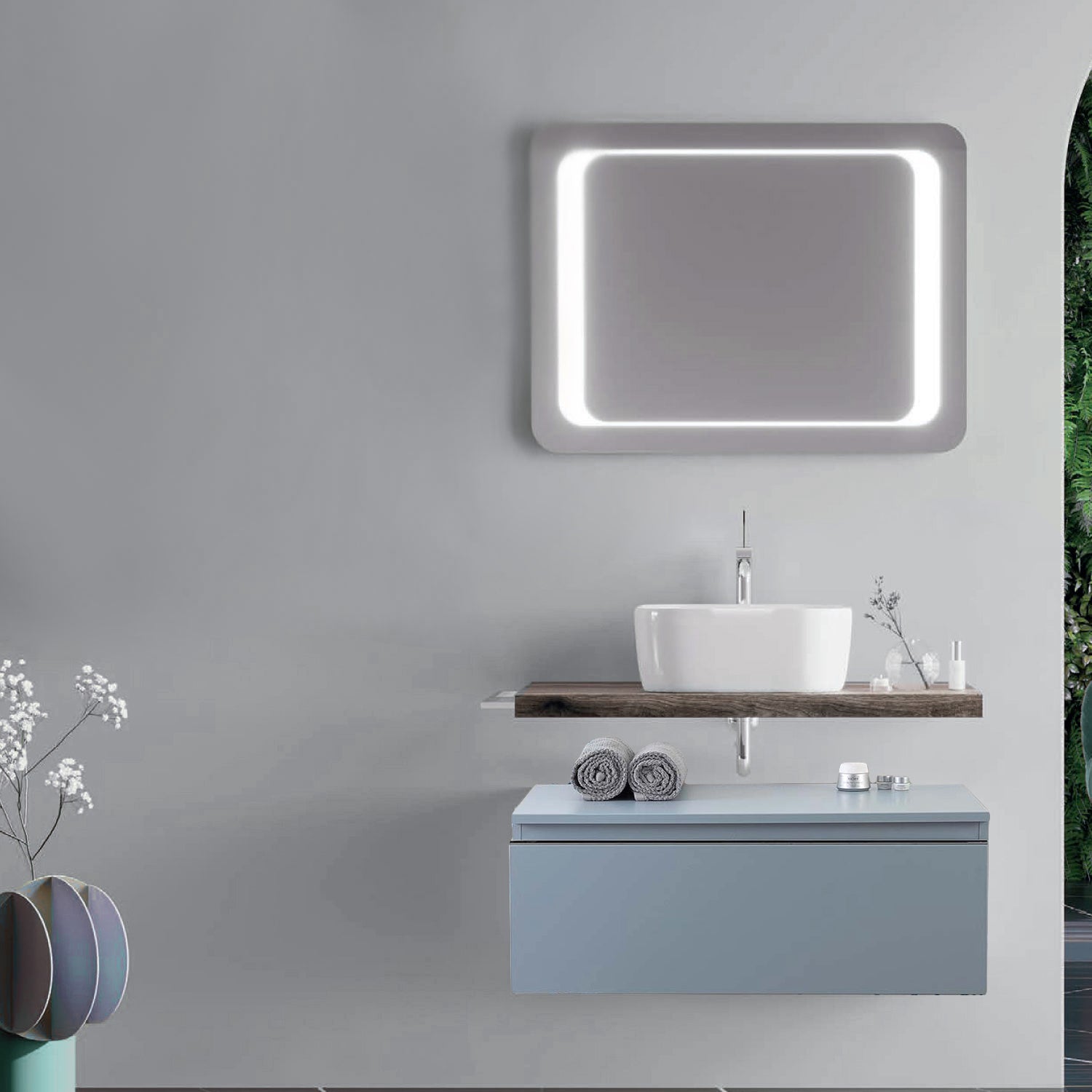 Mobile bagno con lavabo d'appoggio in ceramica e specchio led cm 80 rovere fossile e blu pastello opaco- Cubi&Co modello Destiny 2 by CeramicStore | Lo specialista del tuo bagno