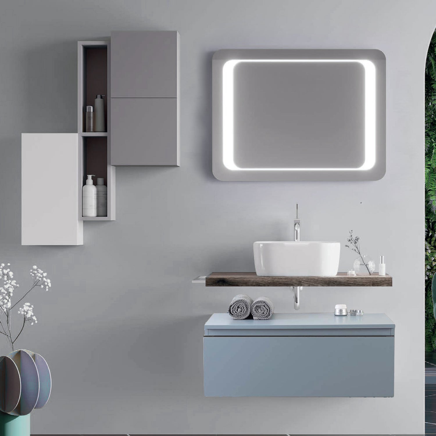 Mobile bagno con lavabo d'appoggio in ceramica e specchio led cm 80 rovere fossile e blu pastello opaco- Cubi&Co modello Destiny 2 by CeramicStore | Lo specialista del tuo bagno