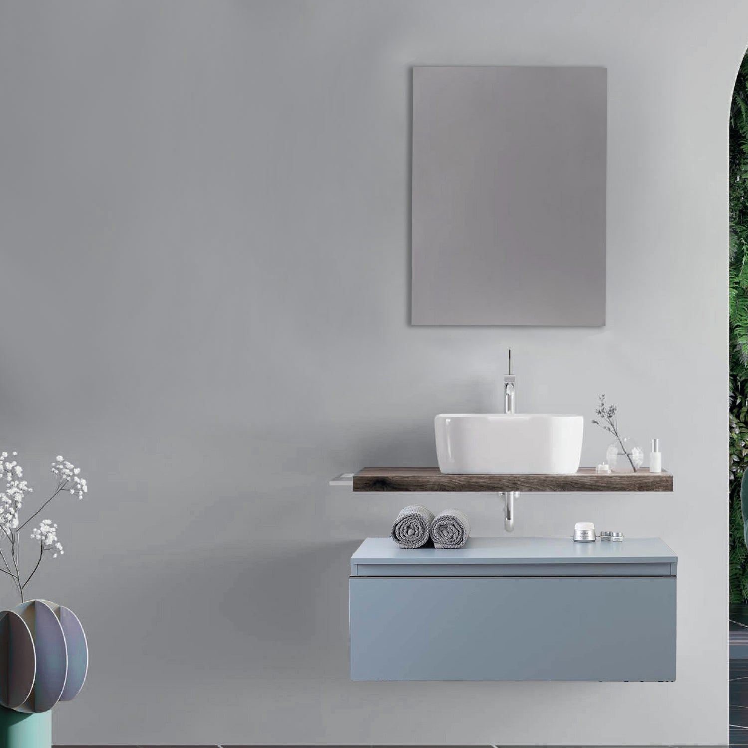 Mobile bagno con lavabo d'appoggio in ceramica e specchio cm 80 rovere fossile e blu pastello opaco- Cubi&Co modello Destiny 2 by CeramicStore | Lo specialista del tuo bagno