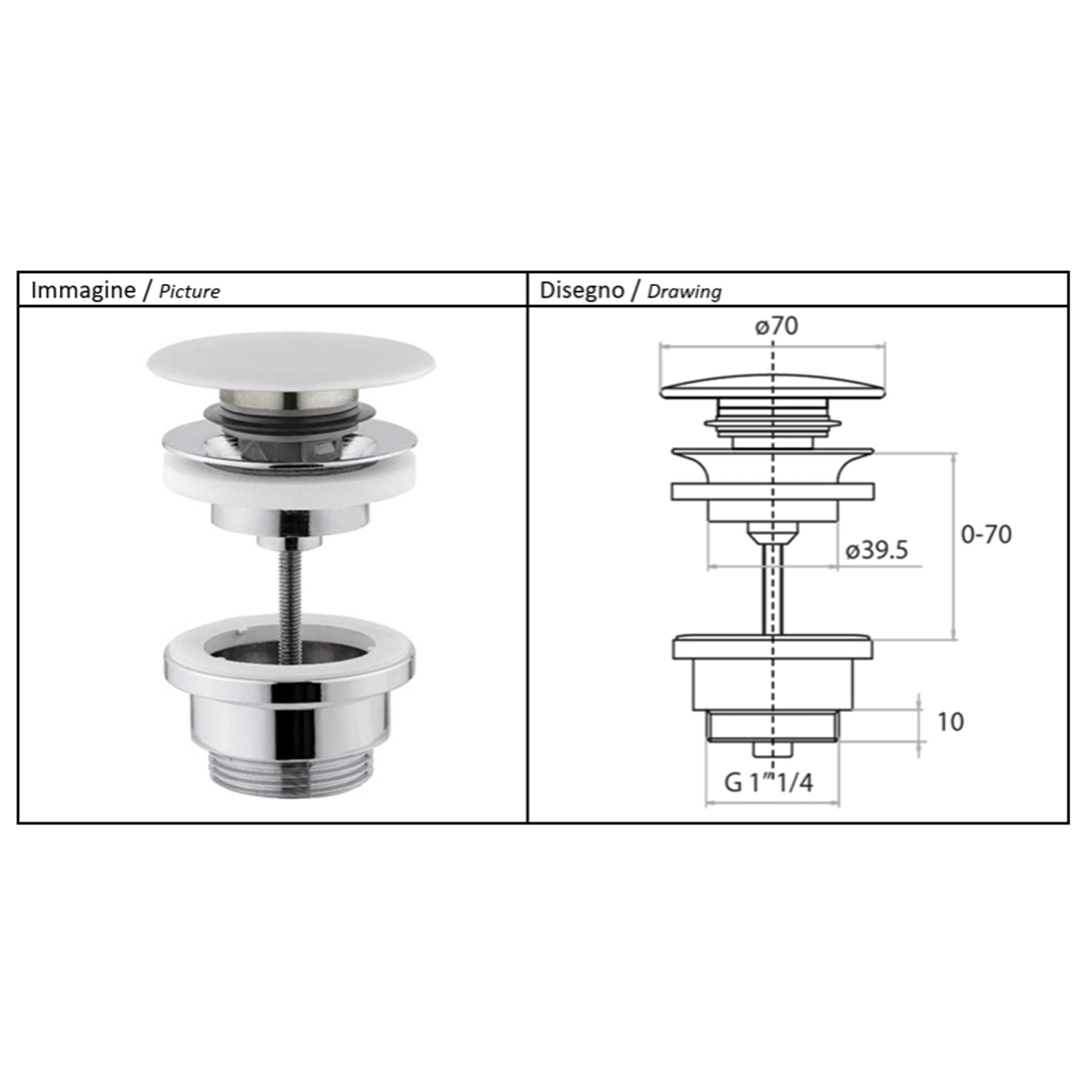 Piletta universale in ottone cromato con tappo in ceramica e meccanismo a pressione Skip-up 2.0 by CeramicStore | Lo specialista del tuo bagno