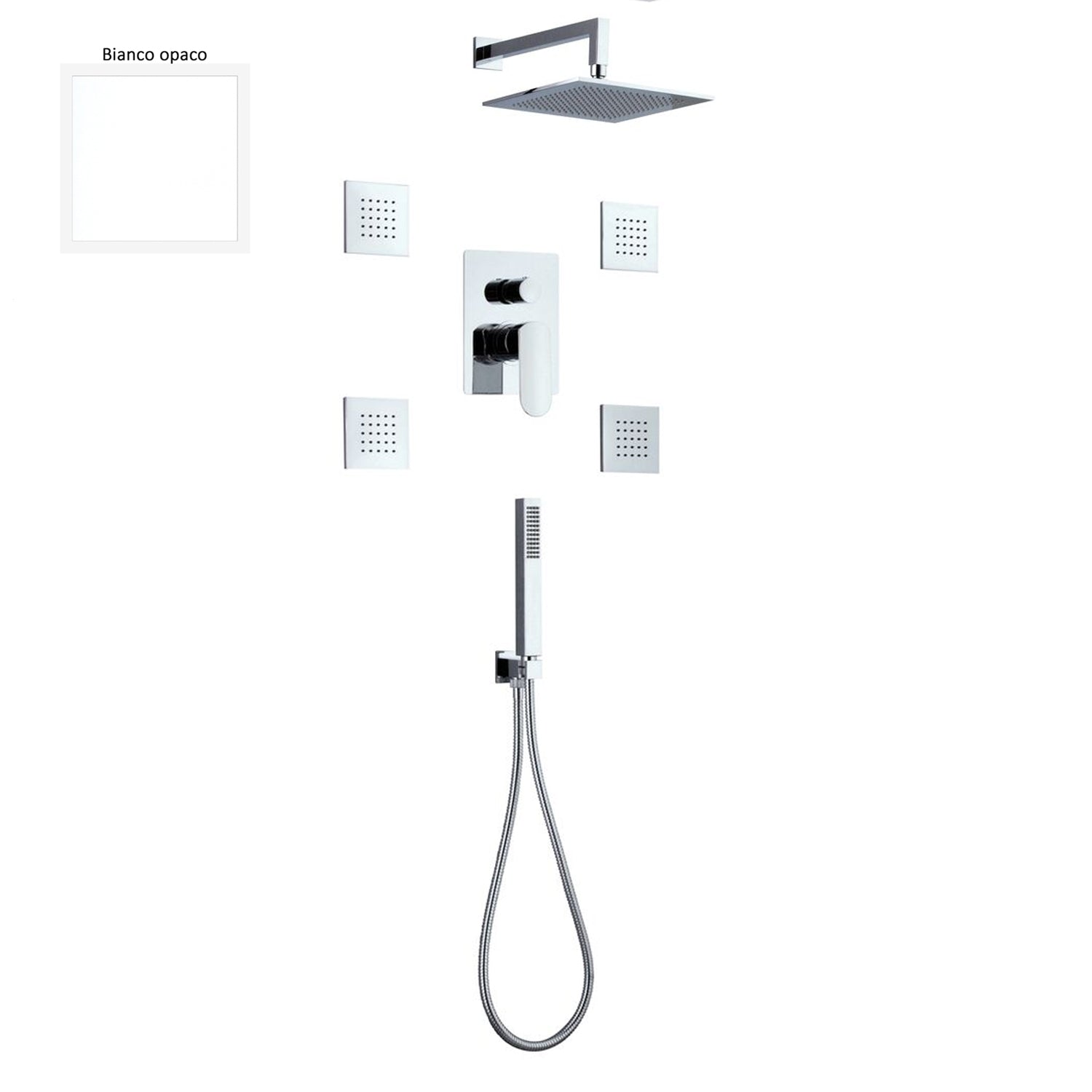 Set doccia composto da soffione Parigi, 4 bodyjet, doccia e flessibile e deviatore 3 vie bianco by CeramicStore | Lo specialista del tuo bagno