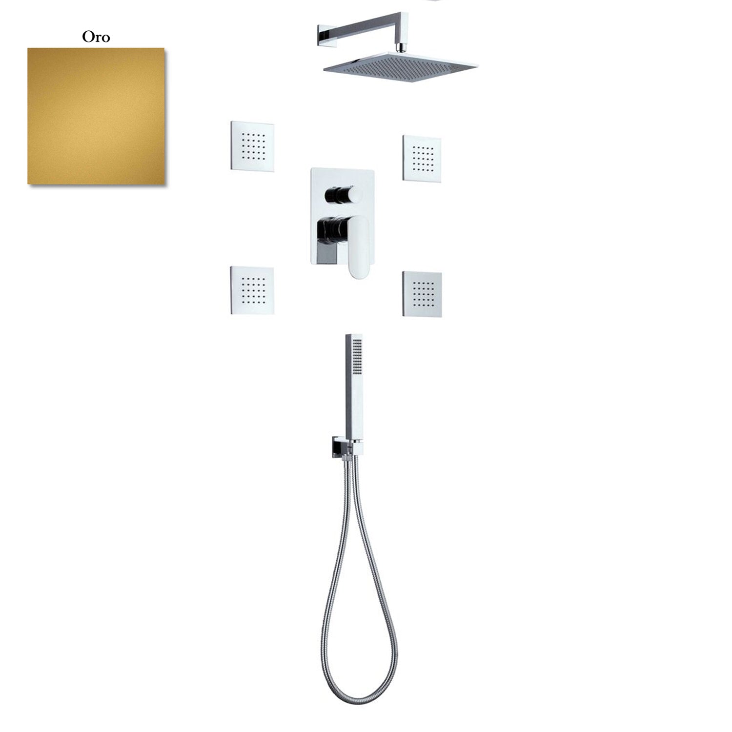 Set doccia composto da soffione Parigi, 4 bodyjet, doccia e flessibile e deviatore 3 vie oro by CeramicStore | Lo specialista del tuo bagno