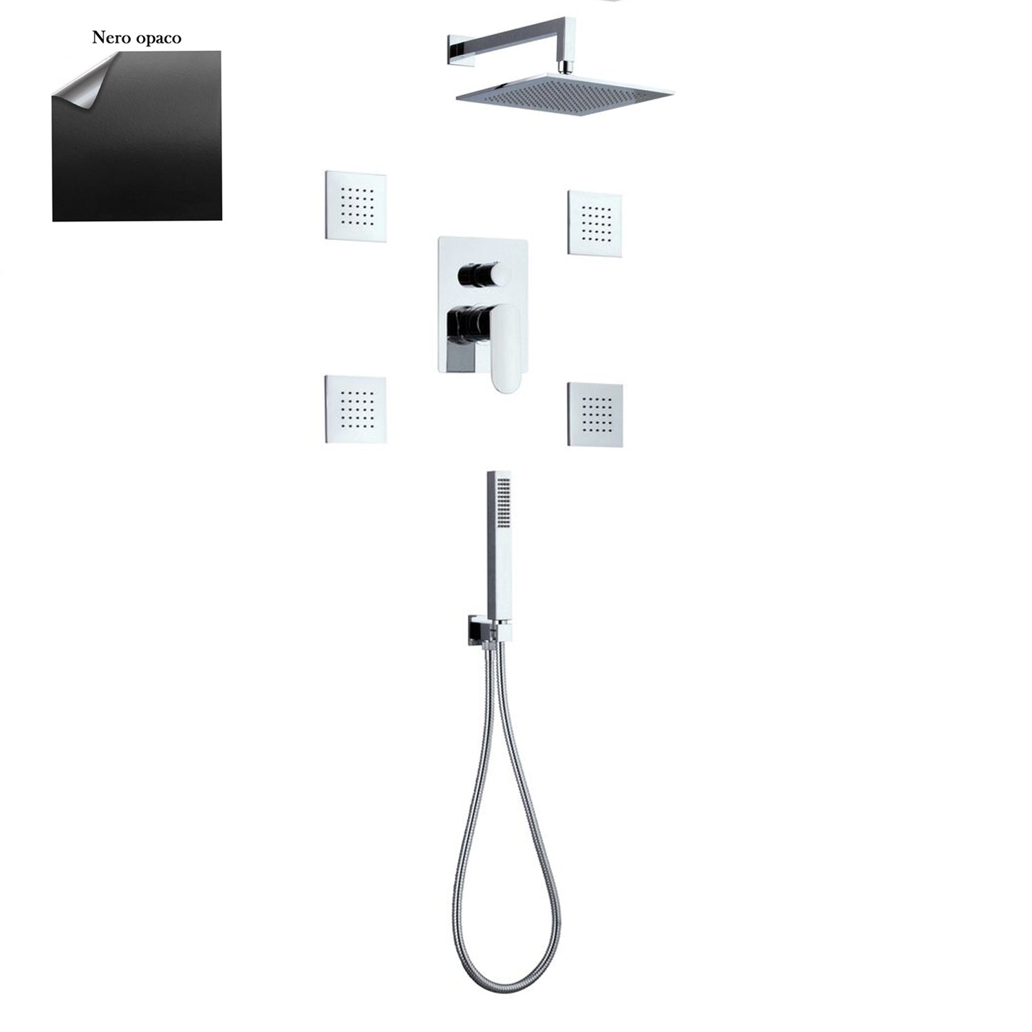 Set doccia composto da soffione Parigi, 4 bodyjet, doccia e flessibile e deviatore 3 vie nero by CeramicStore | Lo specialista del tuo bagno