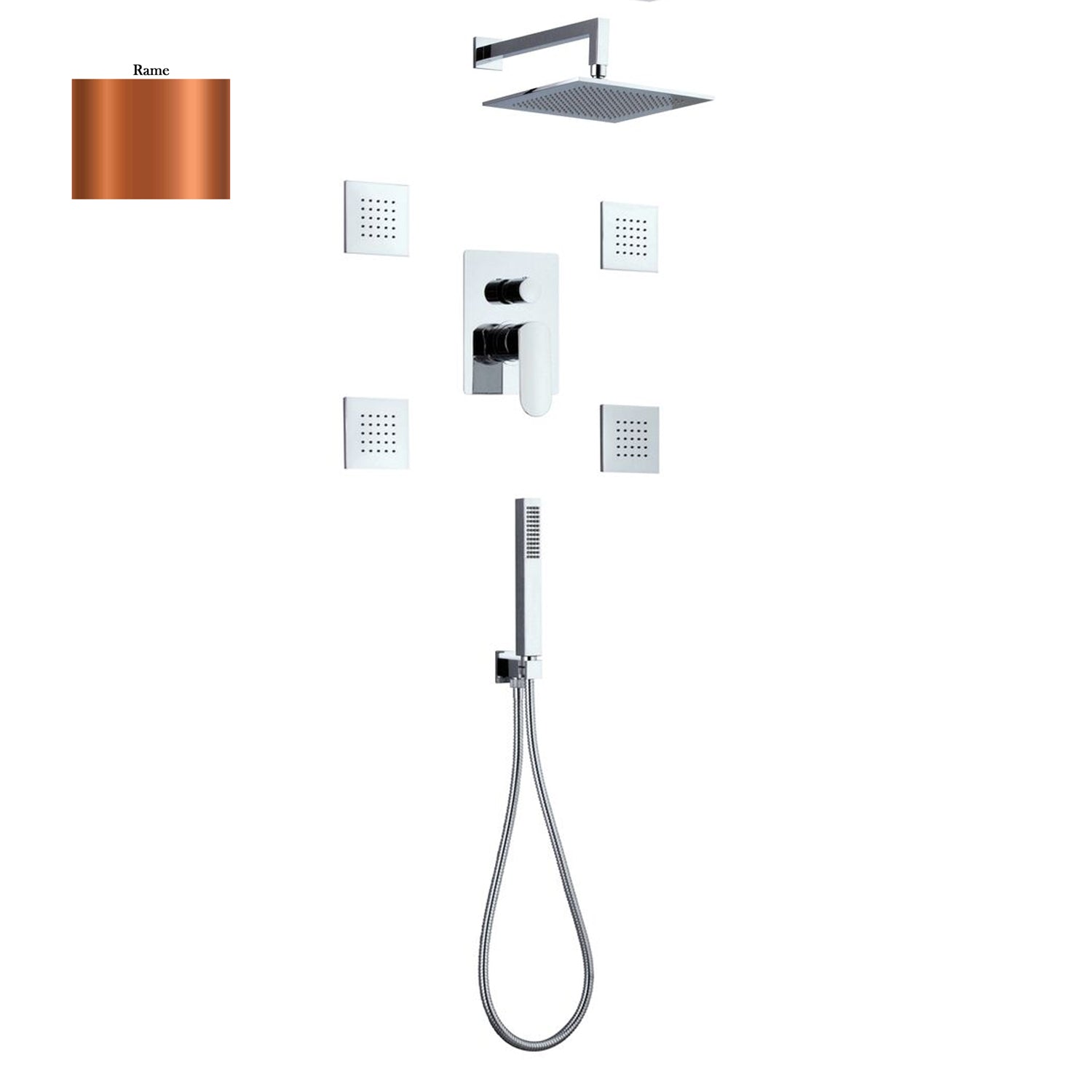 Set doccia composto da soffione Parigi, 4 bodyjet, doccia e flessibile e deviatore 3 vie rame by CeramicStore | Lo specialista del tuo bagno