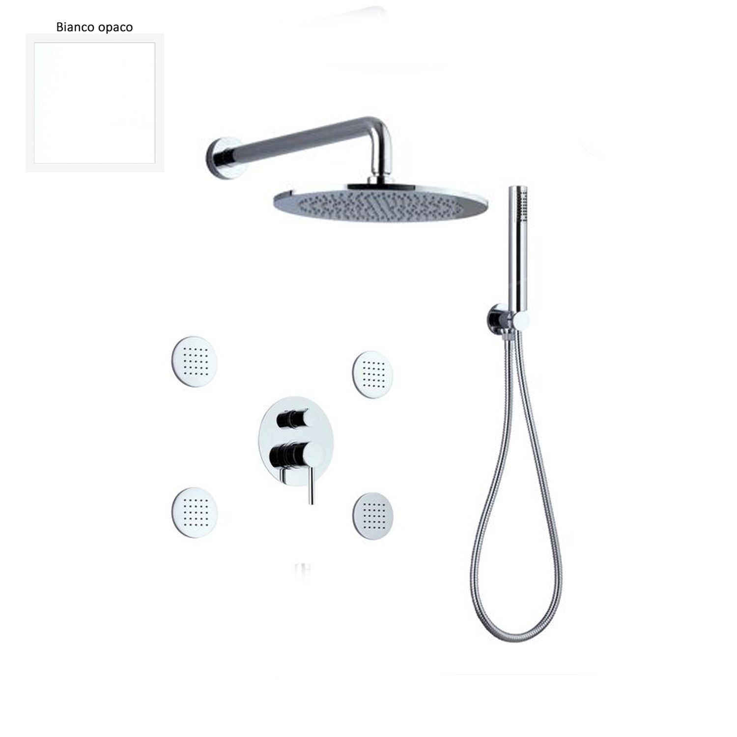 Set doccia composto da soffione Vienna, 4 bodyjet, doccia e flessibile e deviatore 3 vie bianco by CeramicStore | Lo specialista del tuo bagno