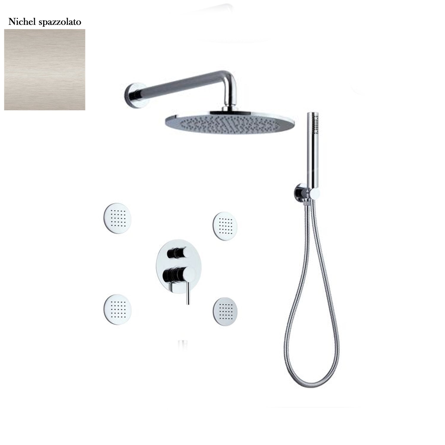 Set doccia composto da soffione Vienna, 4 bodyjet, doccia e flessibile e deviatore 3 vie nichel opaco by CeramicStore | Lo specialista del tuo bagno