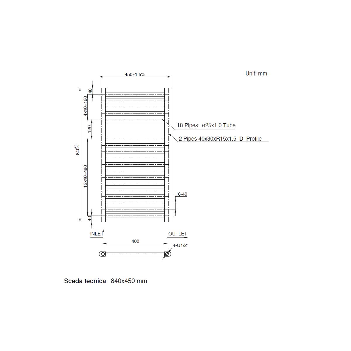 Termoarredo scaldasalviette da bagno idraulico 840x500 mm interasse 450 mm in acciaio Verniciato Bianco modello ELVIA by CeramicStore | Lo specialista del tuo bagno