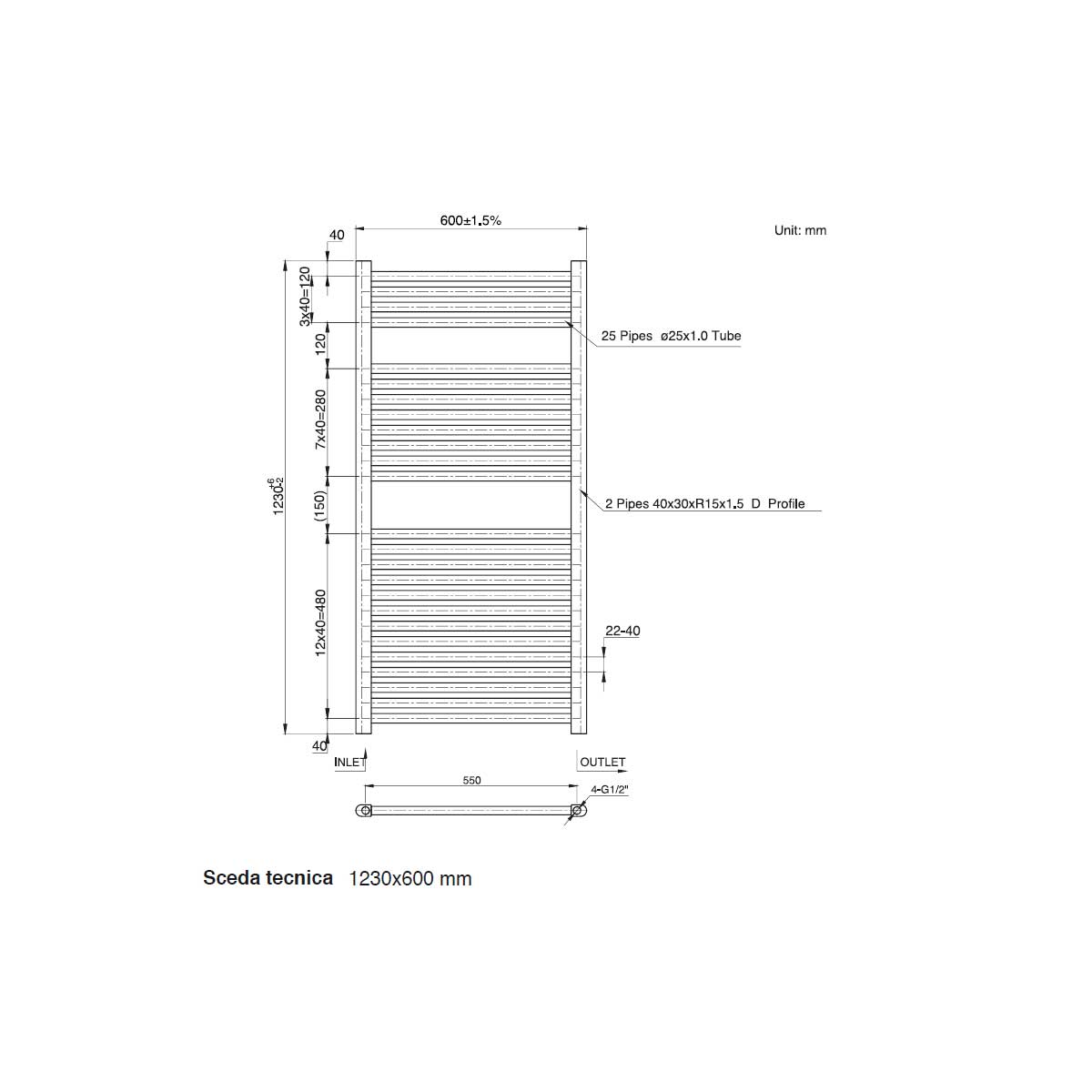 Termoarredo scaldasalviette da bagno idraulico 1230x600 mm interasse 550 mm in acciaio Verniciato Bianco by CeramicStore | Lo specialista del tuo bagno