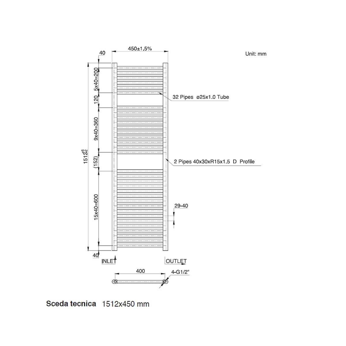 Termoarredo scaldasalviette da bagno idraulico 1510x450 mm interasse 400 mm in acciaio Verniciato Bianco by CeramicStore | Lo specialista del tuo bagno