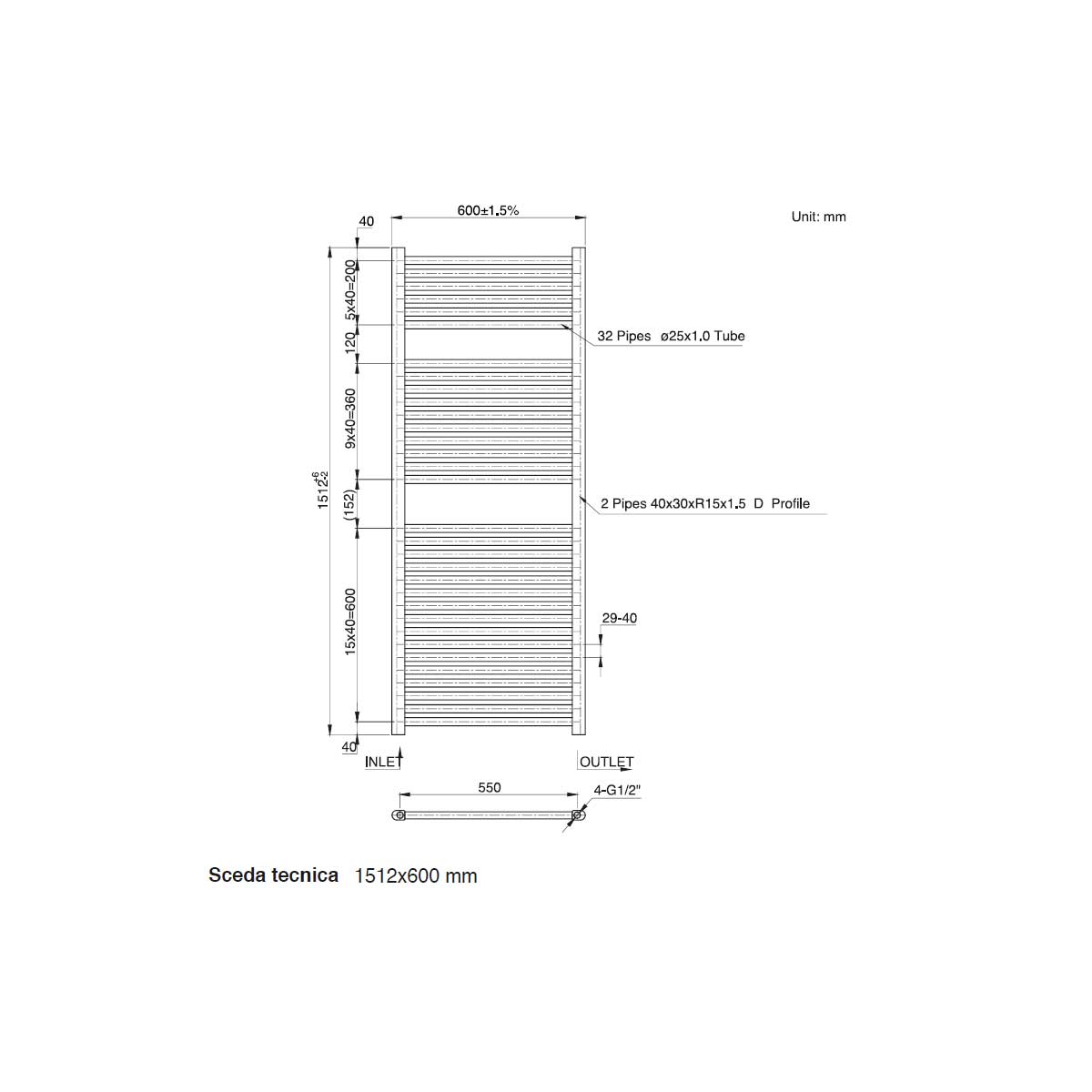 Termoarredo scaldasalviette da bagno idraulico 1510x600 mm interasse 550 mm in acciaio Verniciato Bianco by CeramicStore | Lo specialista del tuo bagno