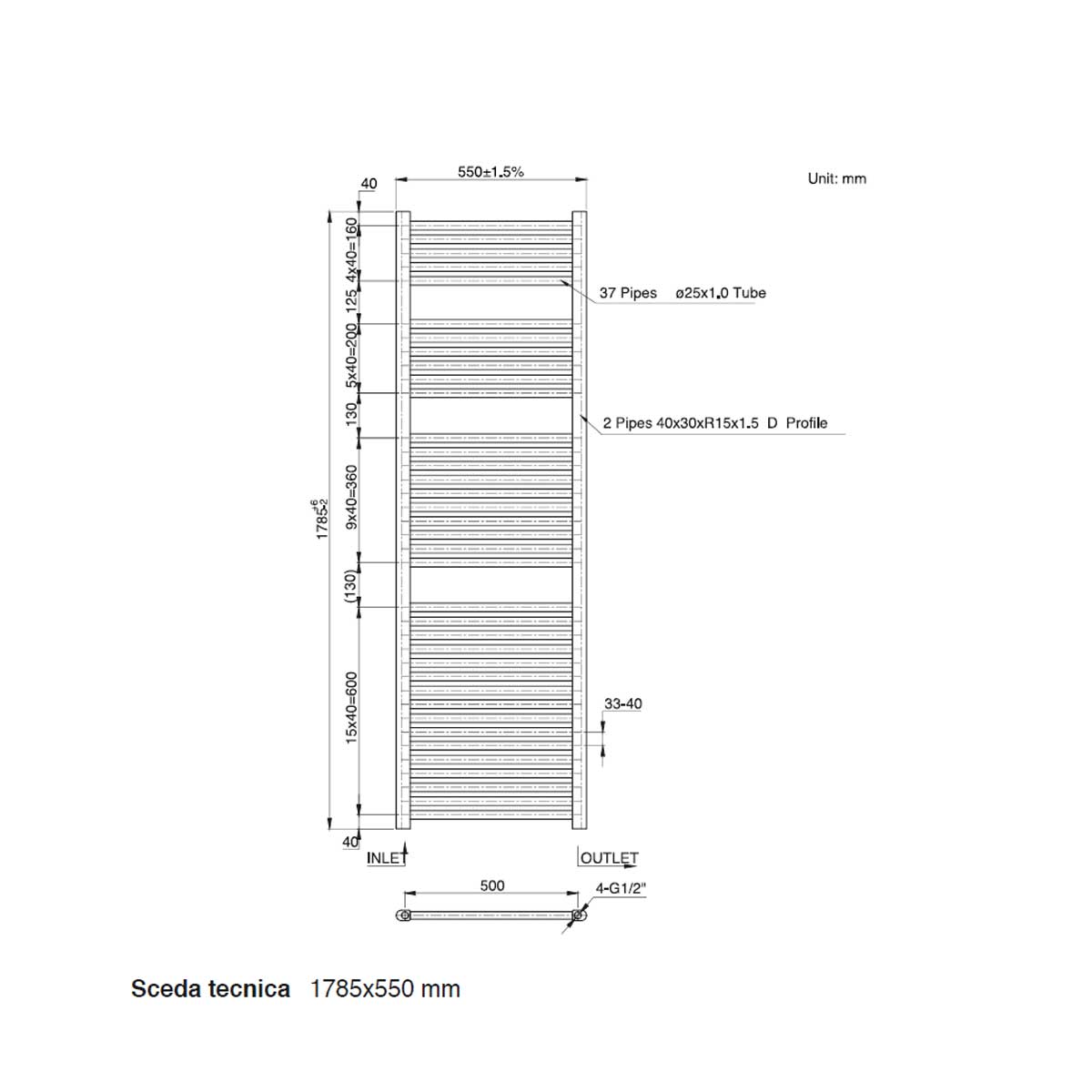 Termoarredo scaldasalviette da bagno idraulico 1780x550 mm interasse 500 mm in acciaio Verniciato Bianco by CeramicStore | Lo specialista del tuo bagno