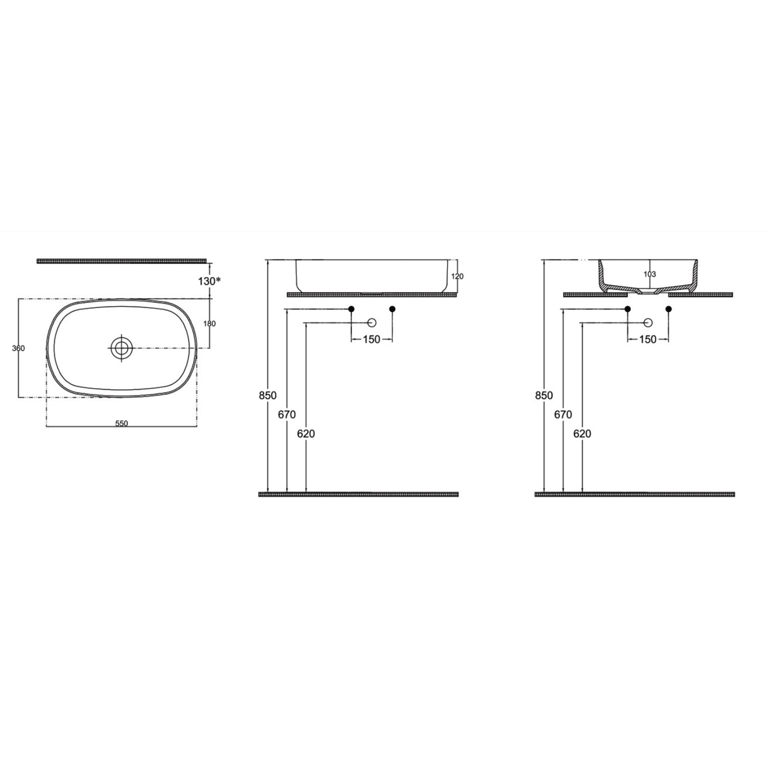 Lavabo d'appoggio ovale senza foro BathCore serie Infinity 55x36 color Bianco Lucido