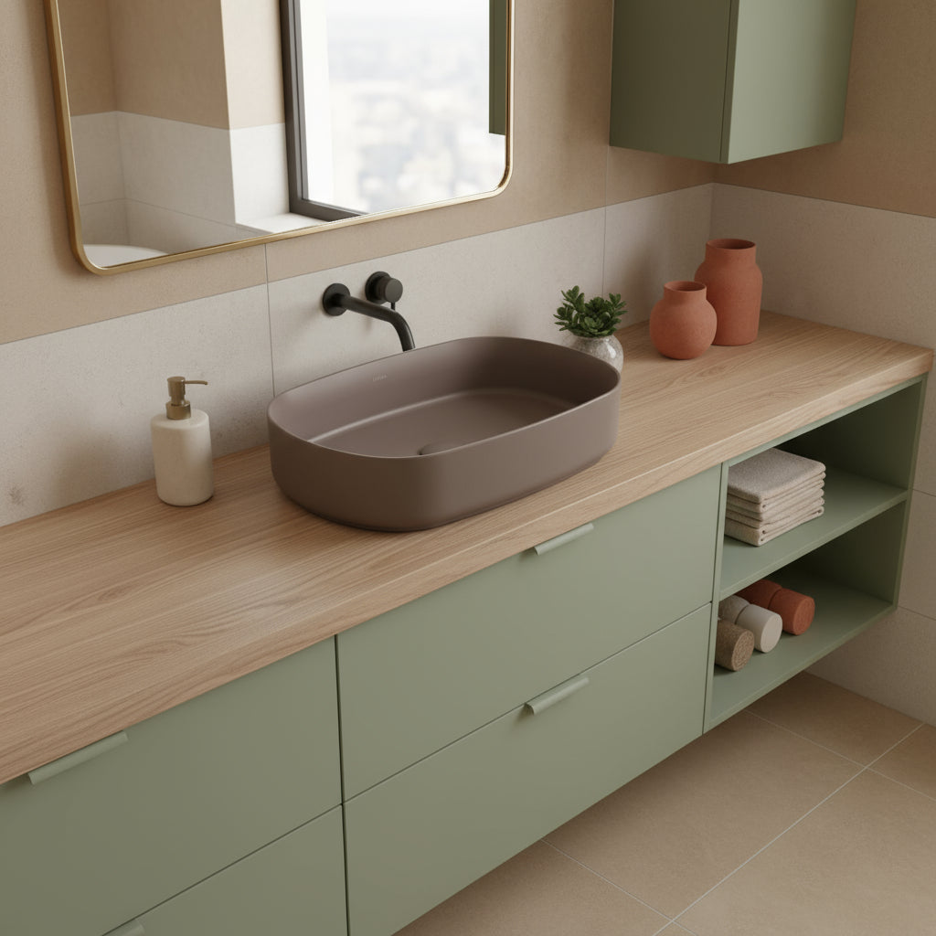 Lavabo d'appoggio ovale senza foro BathCore serie Infinity 55x36 color Tortora Opaco