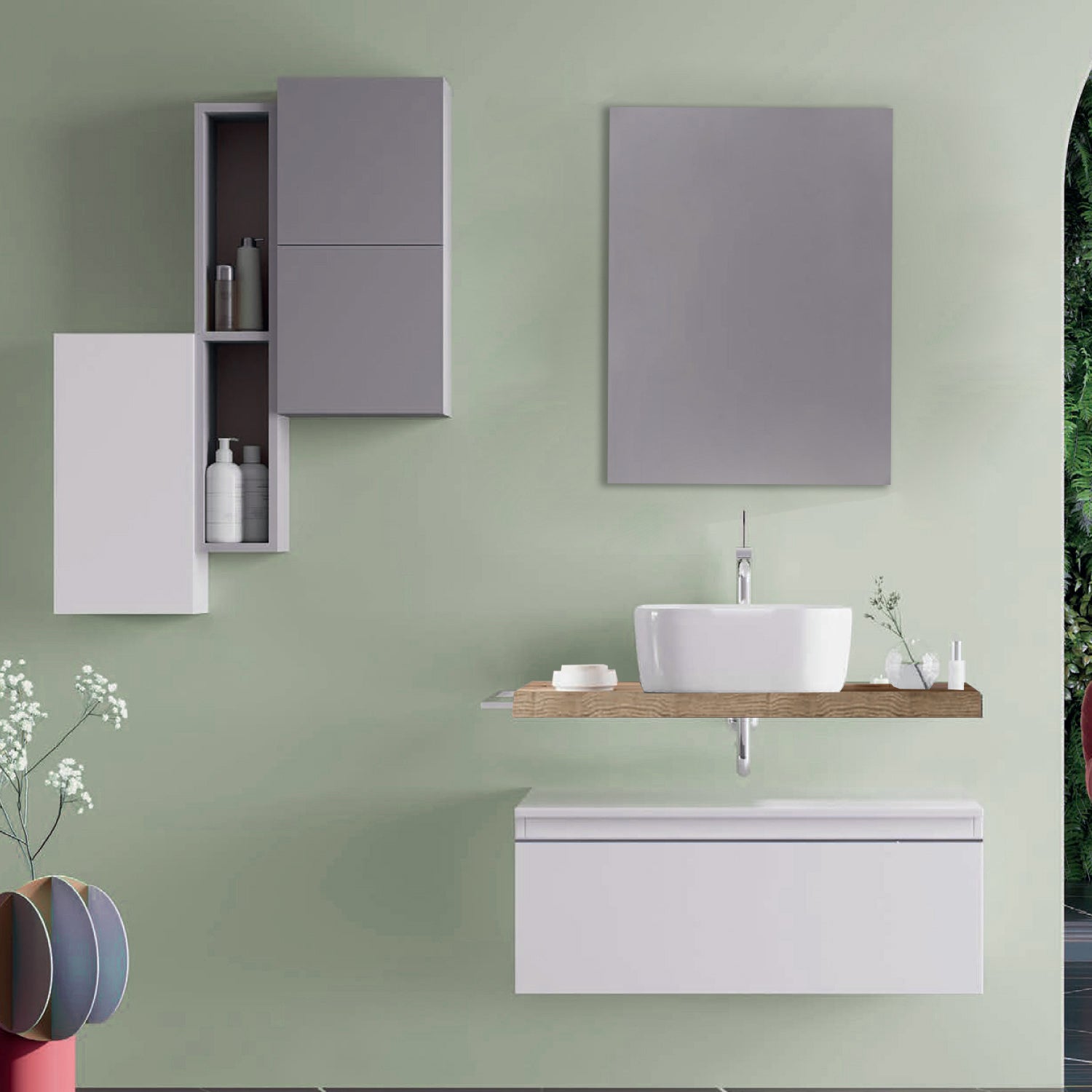 Mobile bagno con lavabo d'appoggio in ceramica e specchio cm 80 rovere naturale e bianco opaco - Cubi&Co modello Destiny 2 by CeramicStore | Lo specialista del tuo bagno