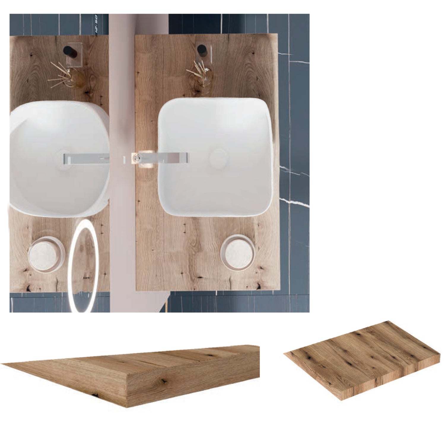 Mobile bagno con lavabo d'appoggio in ceramica e specchio cm 80 rovere naturale e blu pastello opaco - Cubi&Co modello Destiny 2 by CeramicStore | Lo specialista del tuo bagno