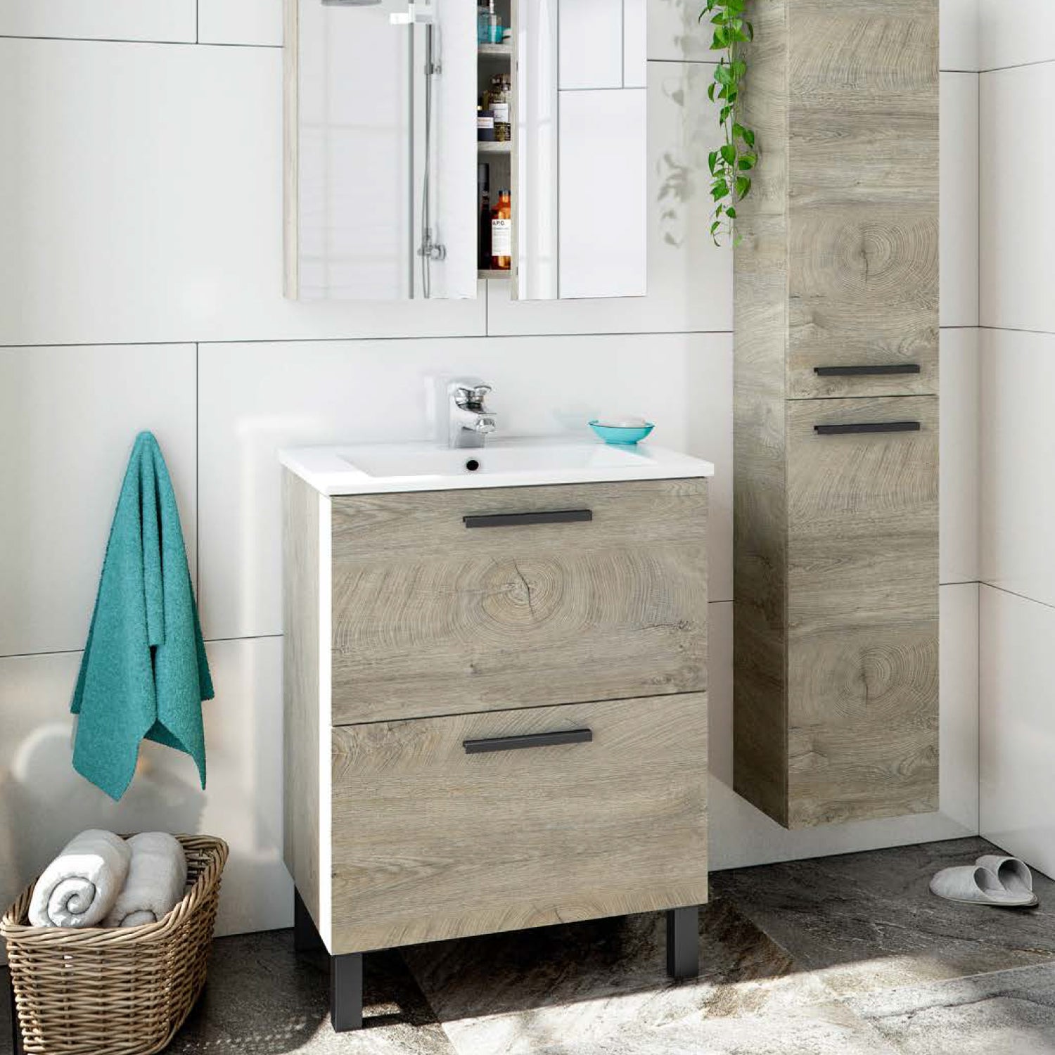 Mobile bagno a terra Dama completo di lavabo e specchio contenitore 60x45 cm- Rovere Alaska by CeramicStore | Lo specialista del tuo bagno