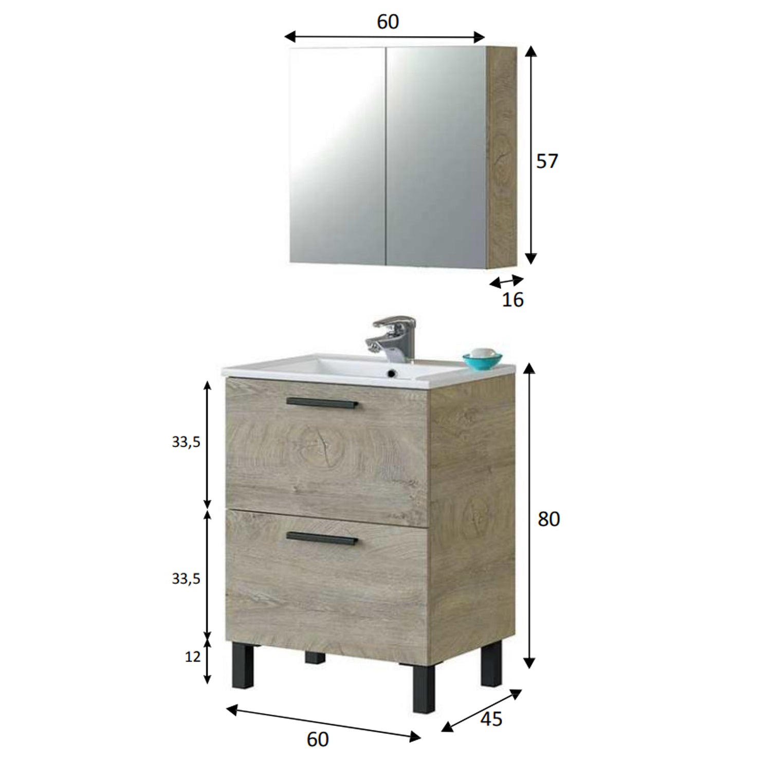 Mobile bagno a terra Dama completo di lavabo e specchio contenitore 60x45 cm- Rovere Alaska by CeramicStore | Lo specialista del tuo bagno