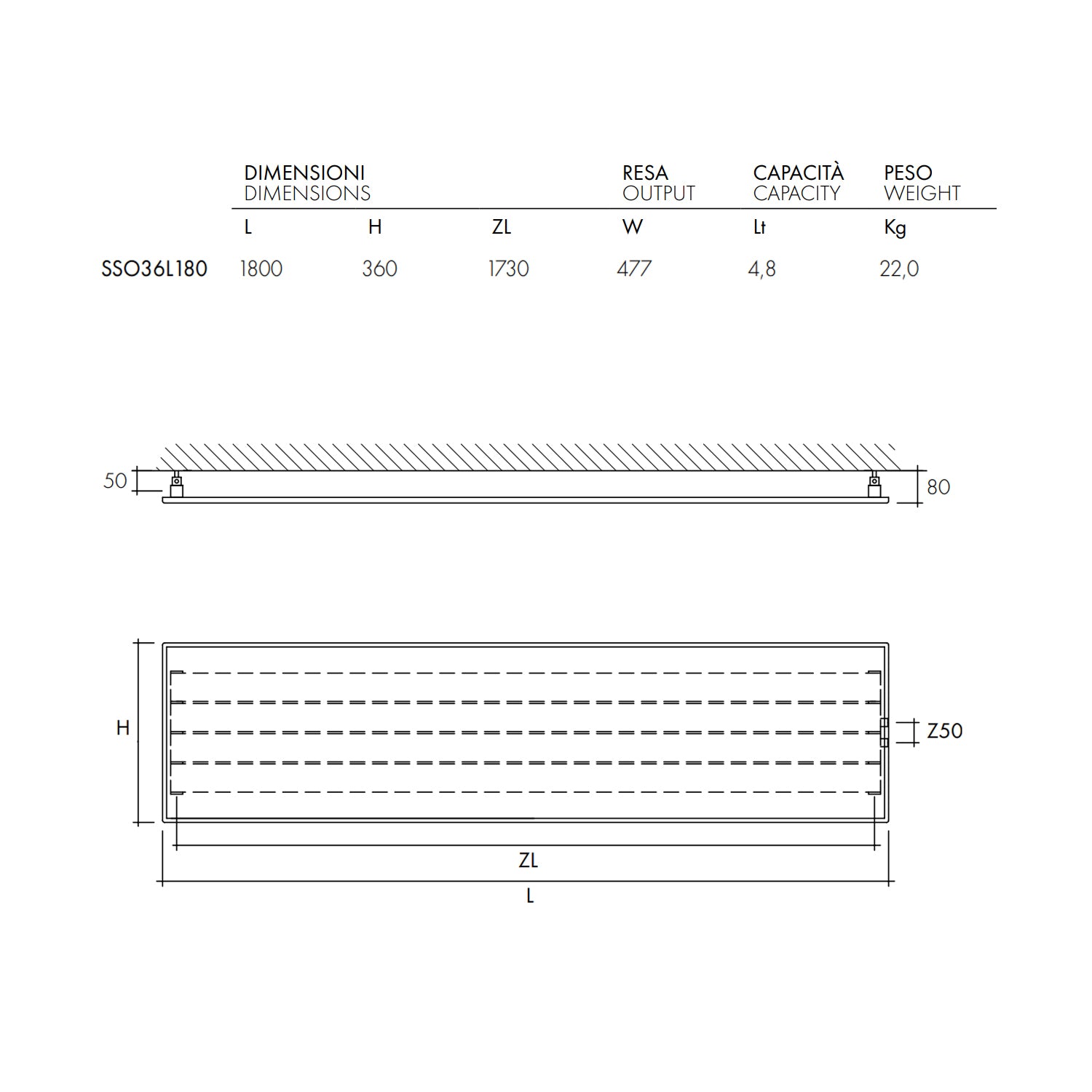 Termoarredo design linea TermoCrea Modello 'New York' cm 36x180 a piastra orizzontale interasse mm 50 by CeramicStore | Lo specialista del tuo bagno