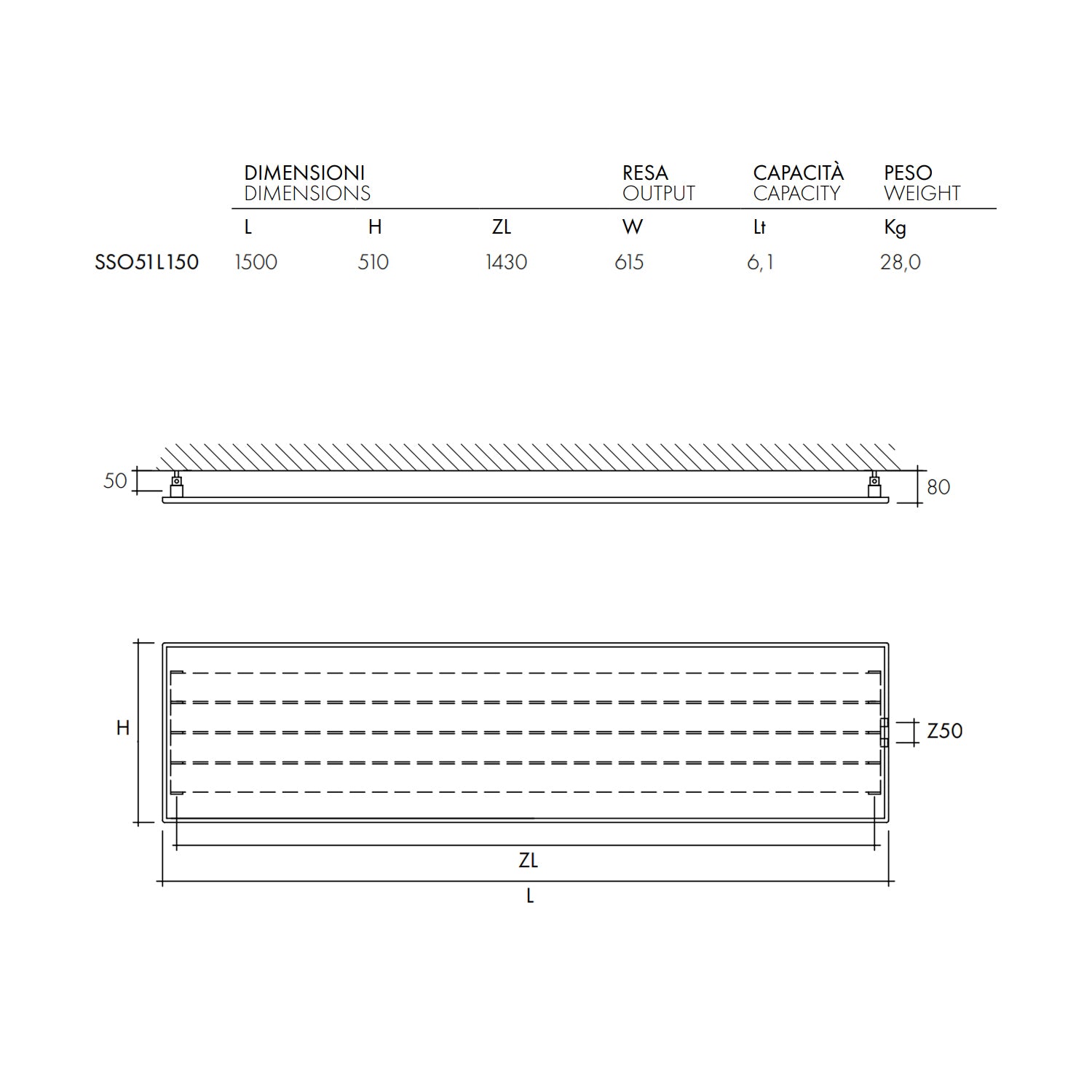 Termoarredo design linea TermoCrea Modello 'New York' cm 51x150 a piastra orizzontale interasse mm 50 by CeramicStore | Lo specialista del tuo bagno