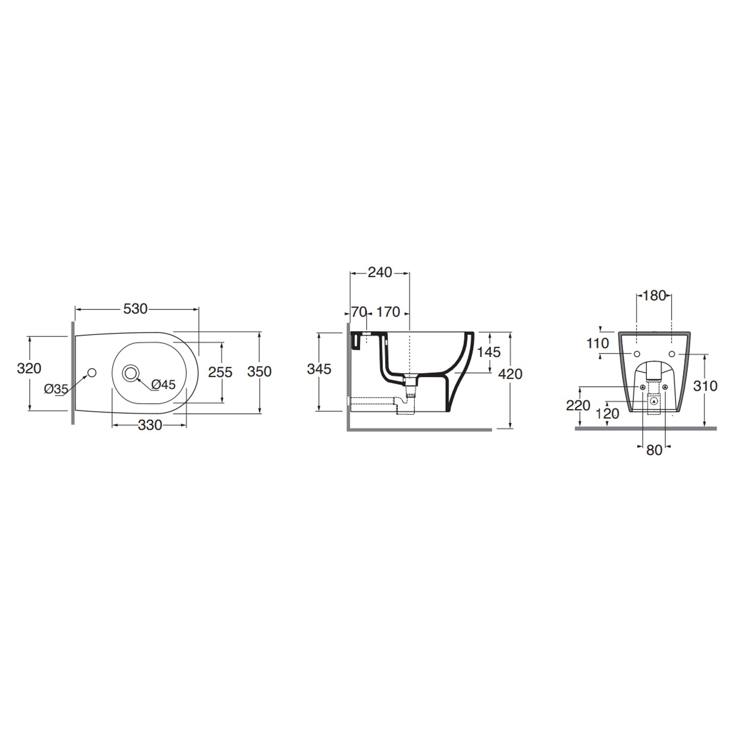 Sanitari sospesi Ceramica Azzurra serie Pratica con sedile soft-close 53x35xH34