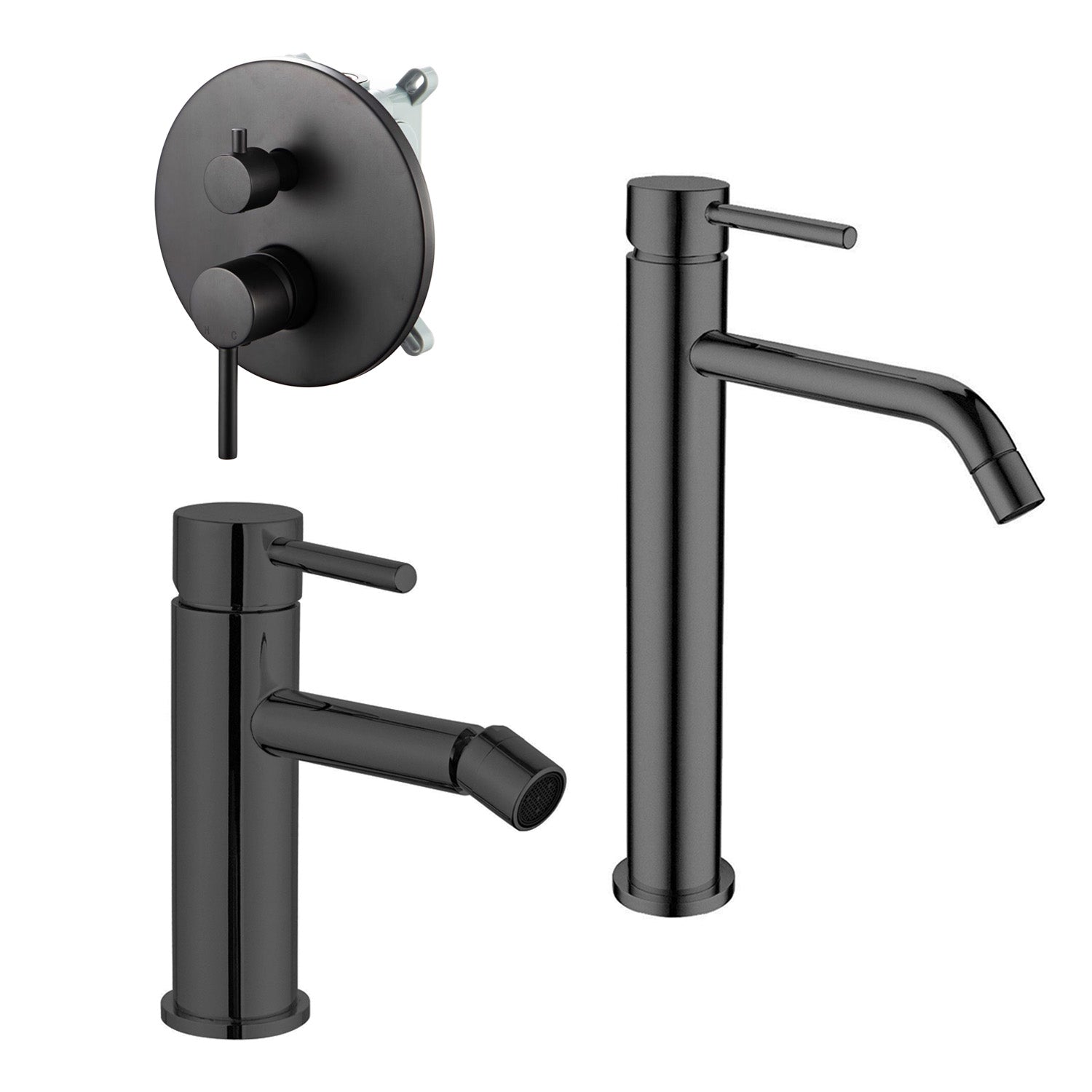 Composizione di miscelatori per lavabo alto, bidet e doccia 2 vie Moon in ottone nero opaco by CeramicStore | Lo specialista del tuo bagno