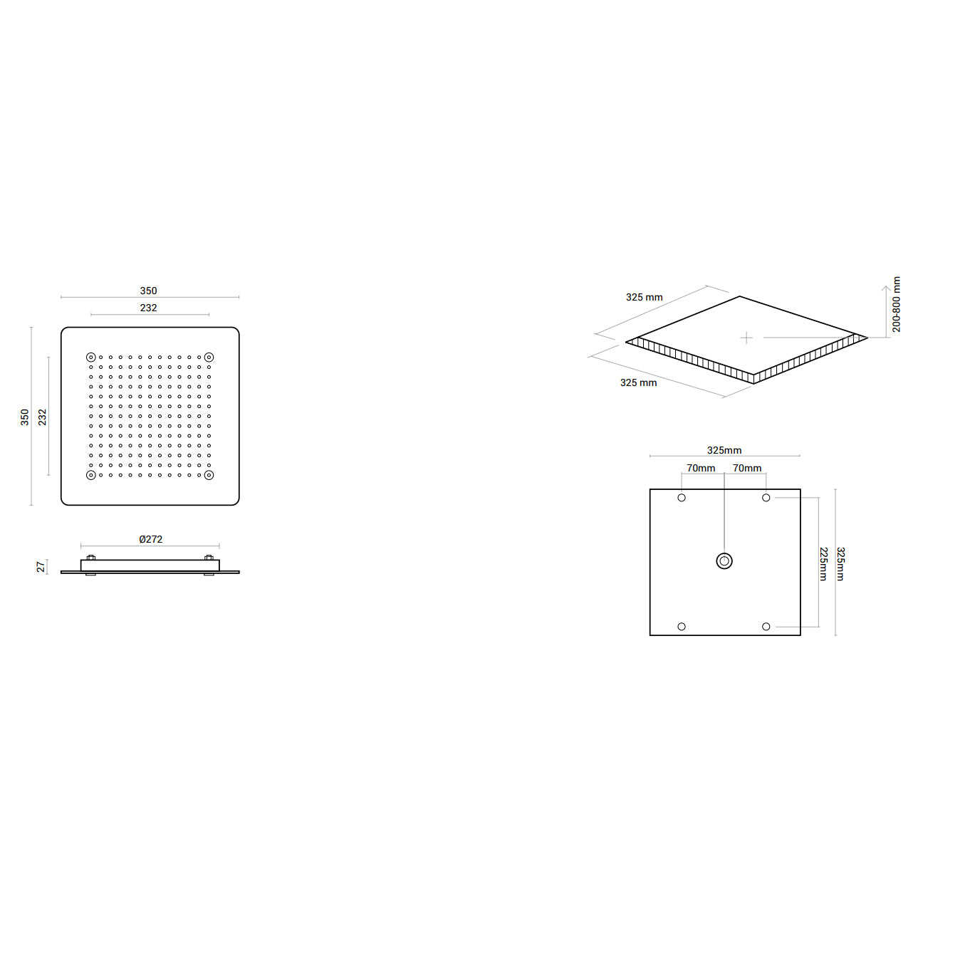 Soffione doccia ad incasso quadrato 35x35 in acciaio inox spessore 2 mm con kit di installazione by CeramicStore | Lo specialista del tuo bagno