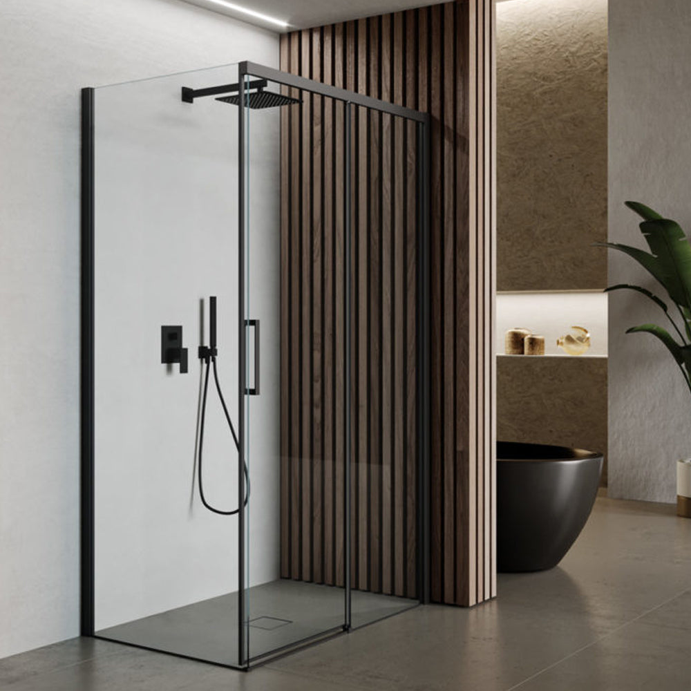 Box doccia rettangolare con apertura scorrevole verso destra cm 120x70 modello Lauren Carbon in cristallo temperato mm 8 e profili di colore nero - offerta by CeramicStore | Lo specialista del tuo bagno
