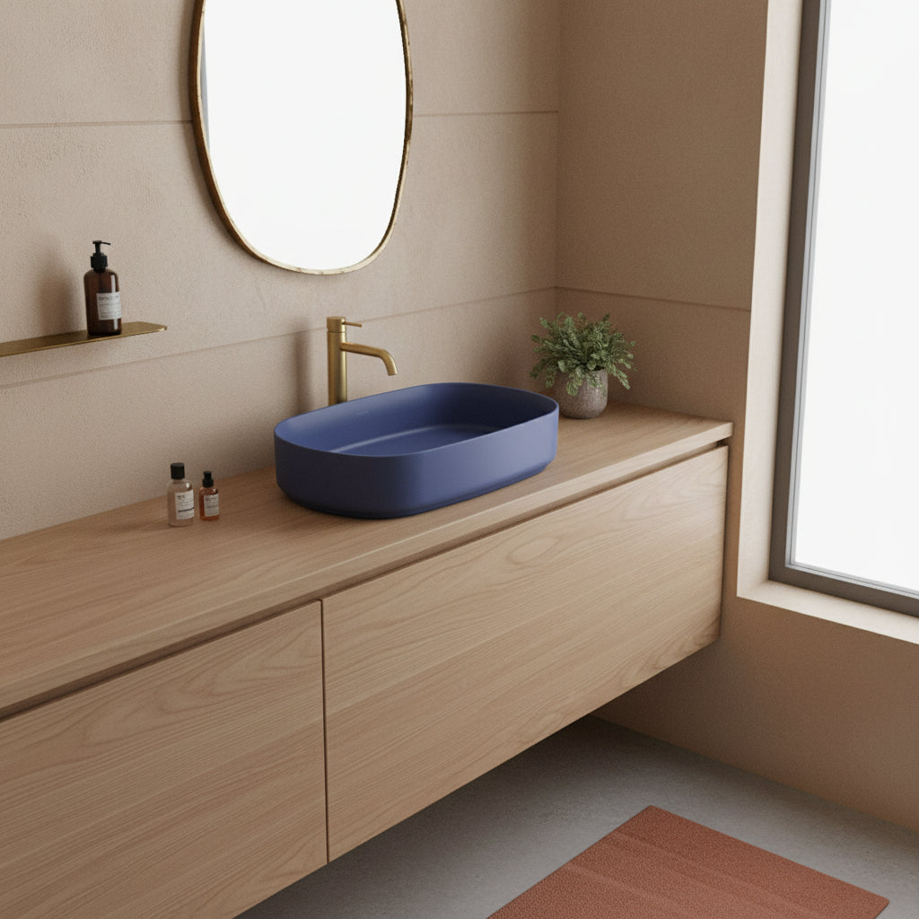 Lavabo d'appoggio ovale senza foro BathCore serie Infinity 55x36 color Blu Opaco