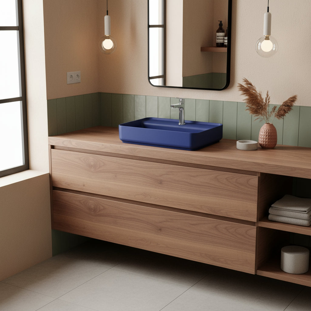 Lavabo d'appoggio rettangolare con foro BathCore serie Infinity 55x40 color Blu Opaco