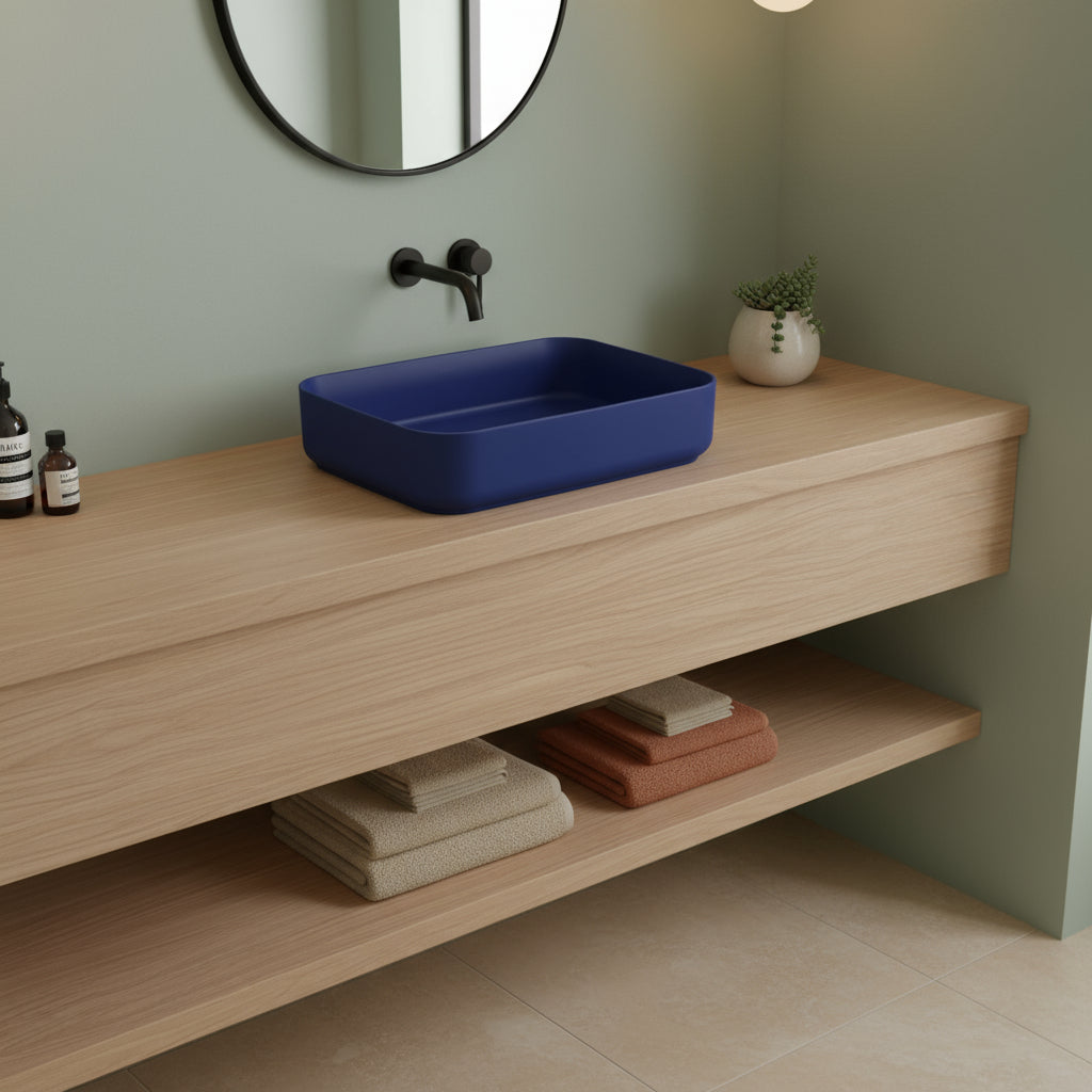 Lavabo d'appoggio rettangolare senza foro BathCore serie Infinity 50x36 color Blu Opaco