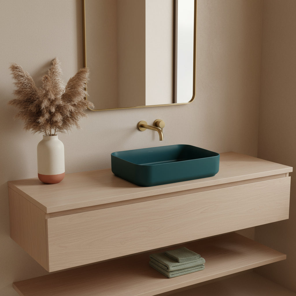 Lavabo d'appoggio rettangolare senza foro BathCore serie Infinity 50x36 color Verde Petrolio Opaco