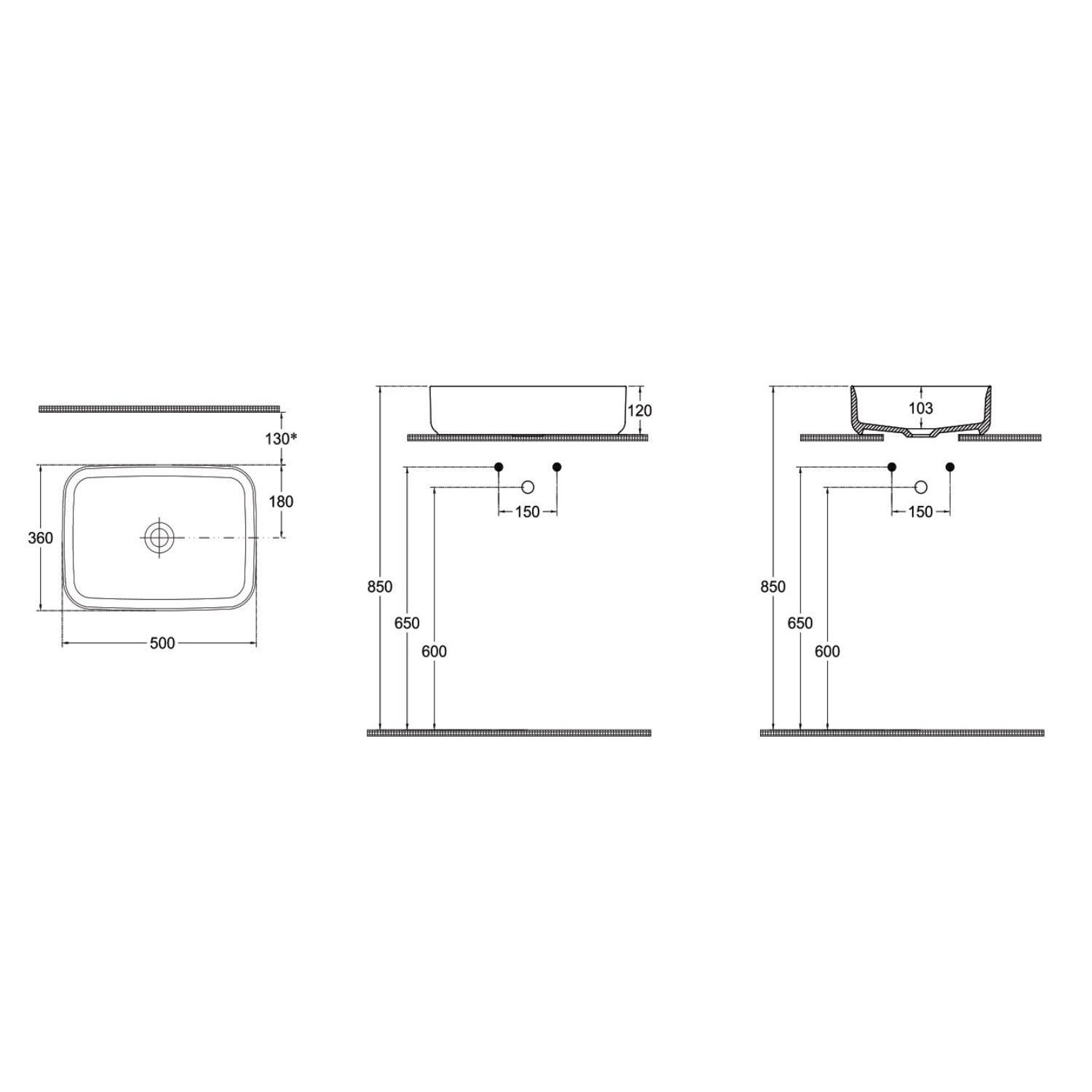 Lavabo d'appoggio rettangolare senza foro BathCore serie Infinity 50x36 color Terracotta Opaco