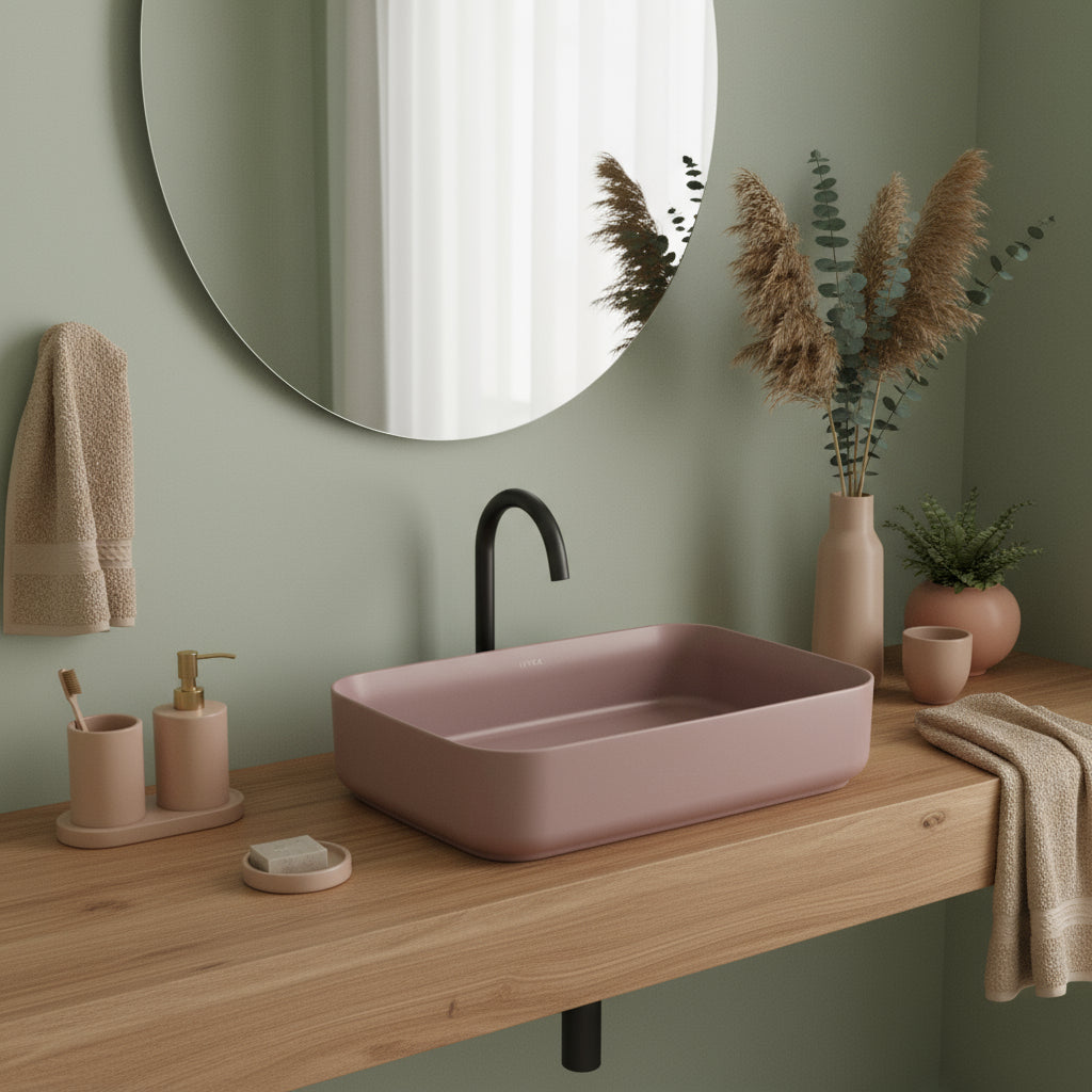 Lavabo d'appoggio rettangolare senza foro BathCore serie Infinity 50x36 color Salmone Opaco