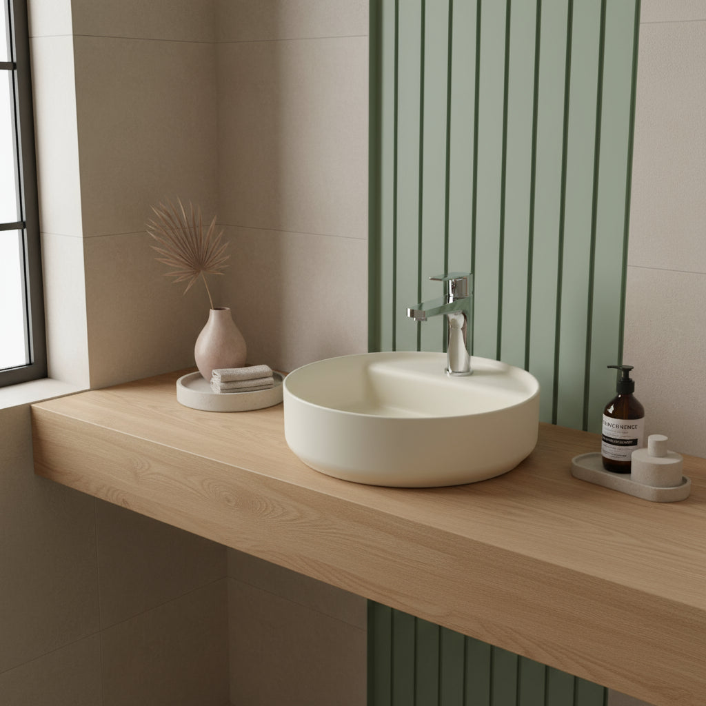 Lavabo d'appoggio tondo con foro BathCore serie Infinity 42 cm color Avorio Opaco