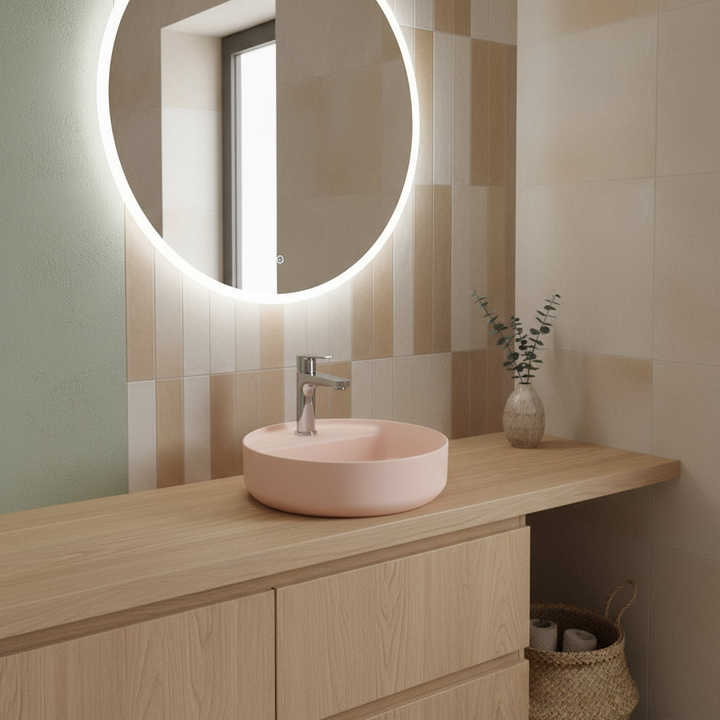 Lavabo d'appoggio tondo con foro BathCore serie Infinity 42 cm color Salmone Opaco