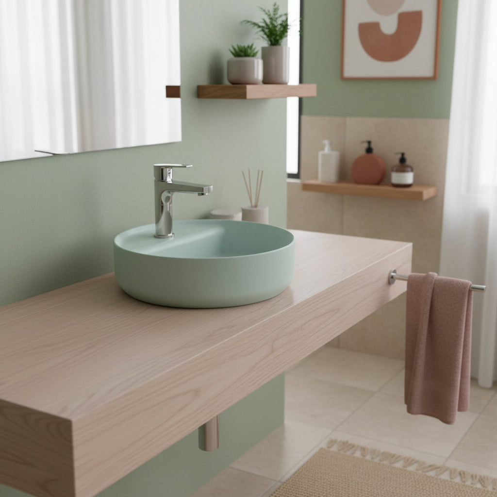 Lavabo d'appoggio tondo con foro BathCore serie Infinity 42 cm color Menta Opaco