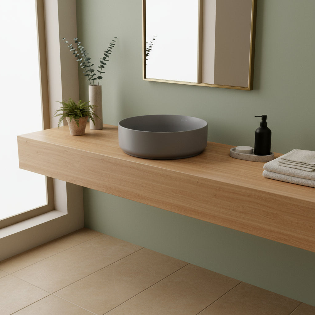 Lavabo d'appoggio tondo senza foro BathCore serie Infinity 36 cm color Grigio Pietra Opaco