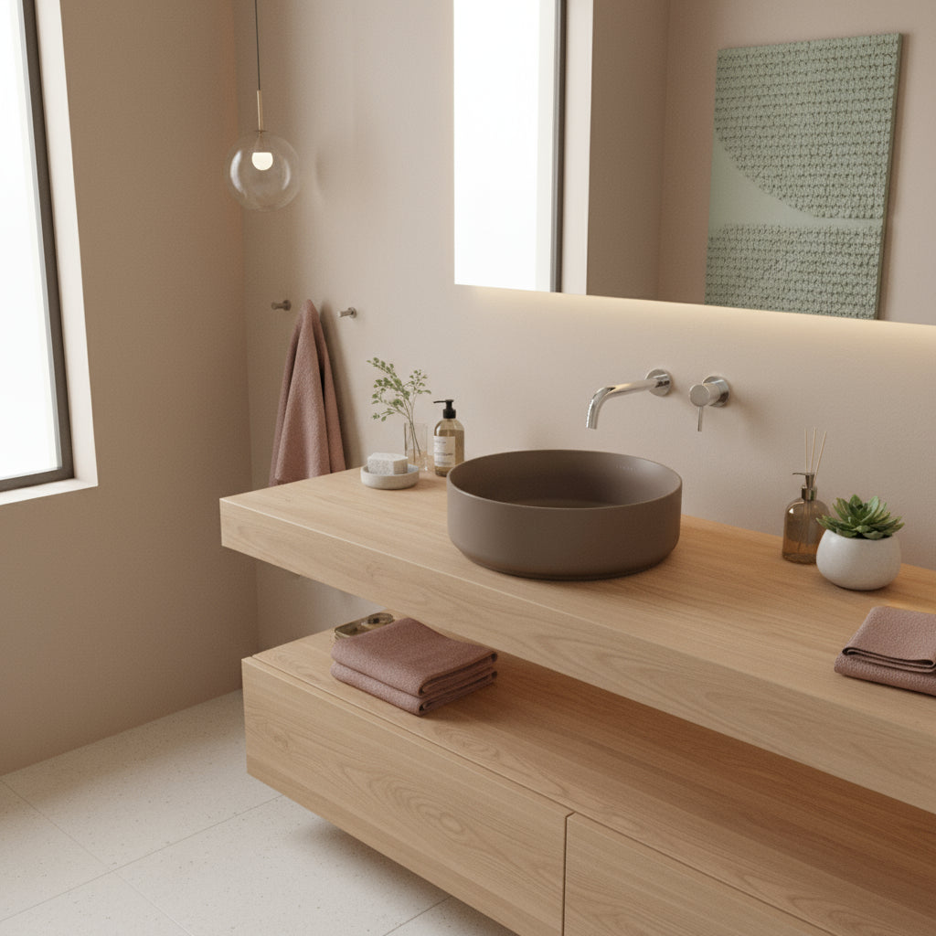 Lavabo d'appoggio tondo senza foro BathCore serie Infinity 36 cm color Tortora Opaco