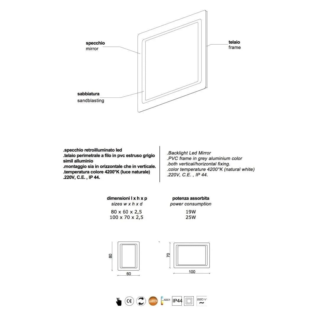 Specchiera rettangolare 80x60 cm Cubi&Co reversibile con LED integrato by CeramicStore | Lo specialista del tuo bagno