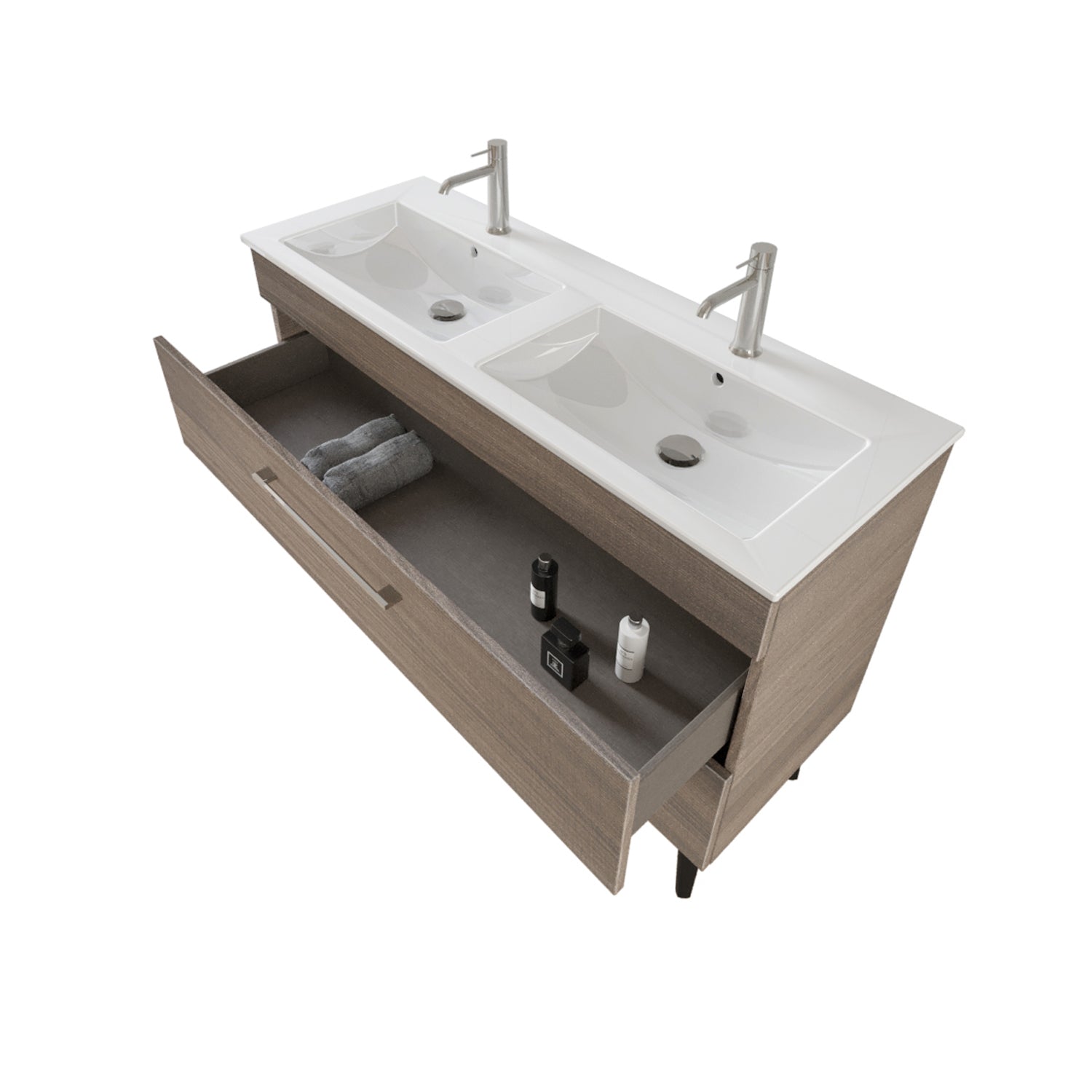 Composizione bagno sospesa Smack a 2 cassetti 118x62 con doppio lavabo, specchio con lampada LED olmo naturale by CeramicStore | Lo specialista del tuo bagno